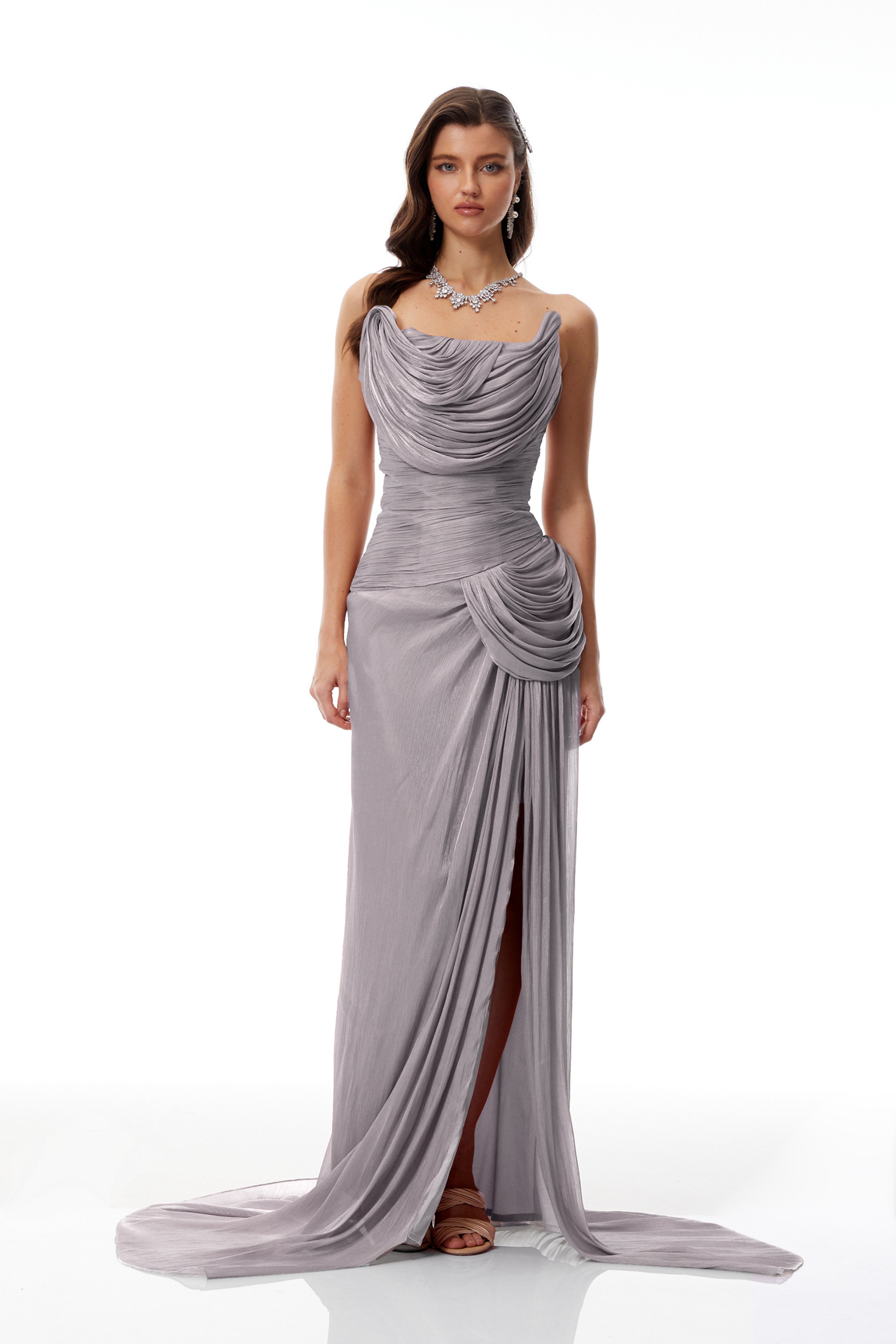 Grey Asymmetrical Glossy Gathered Maxi Dress