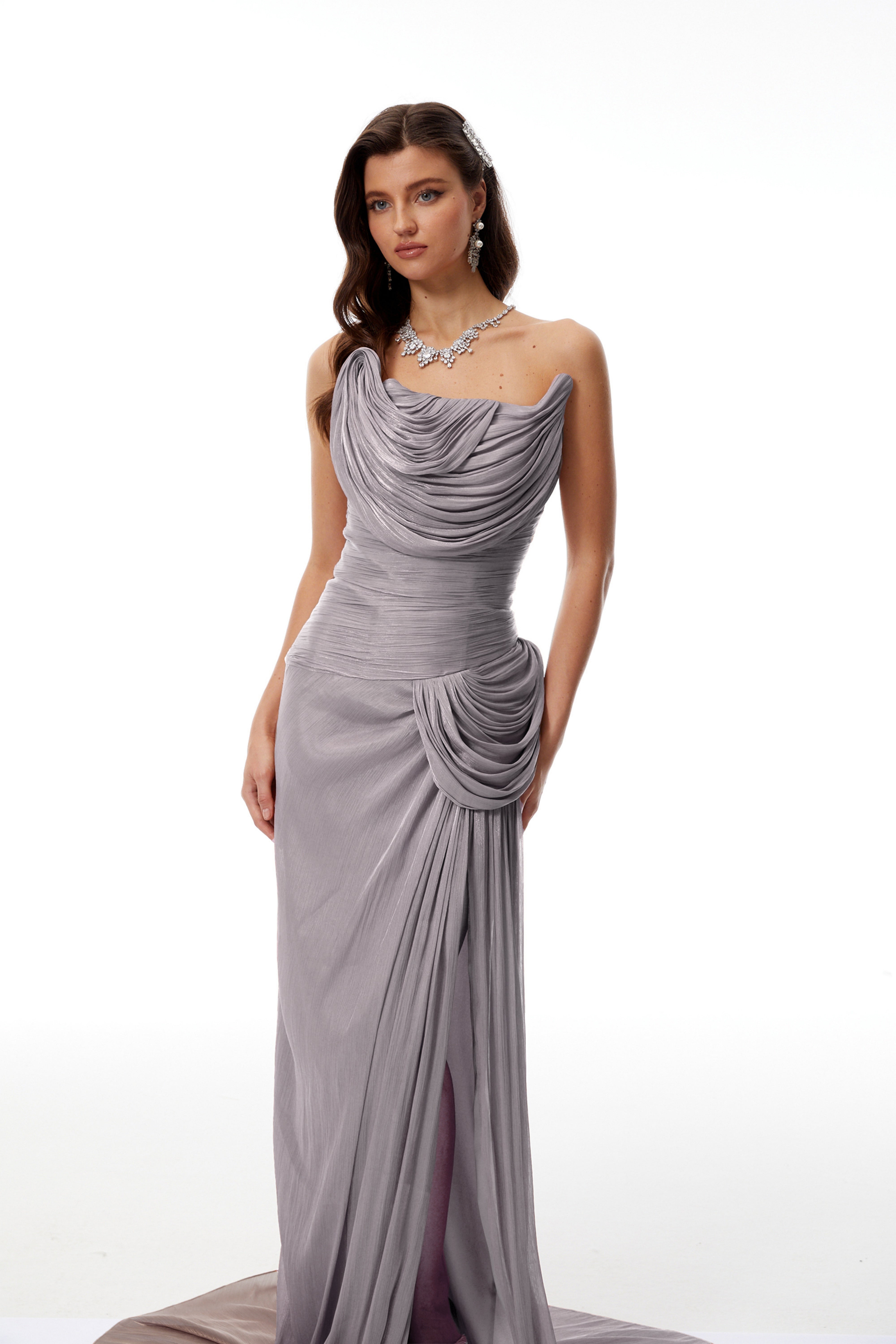 Grey Asymmetrical Glossy Gathered Maxi Dress