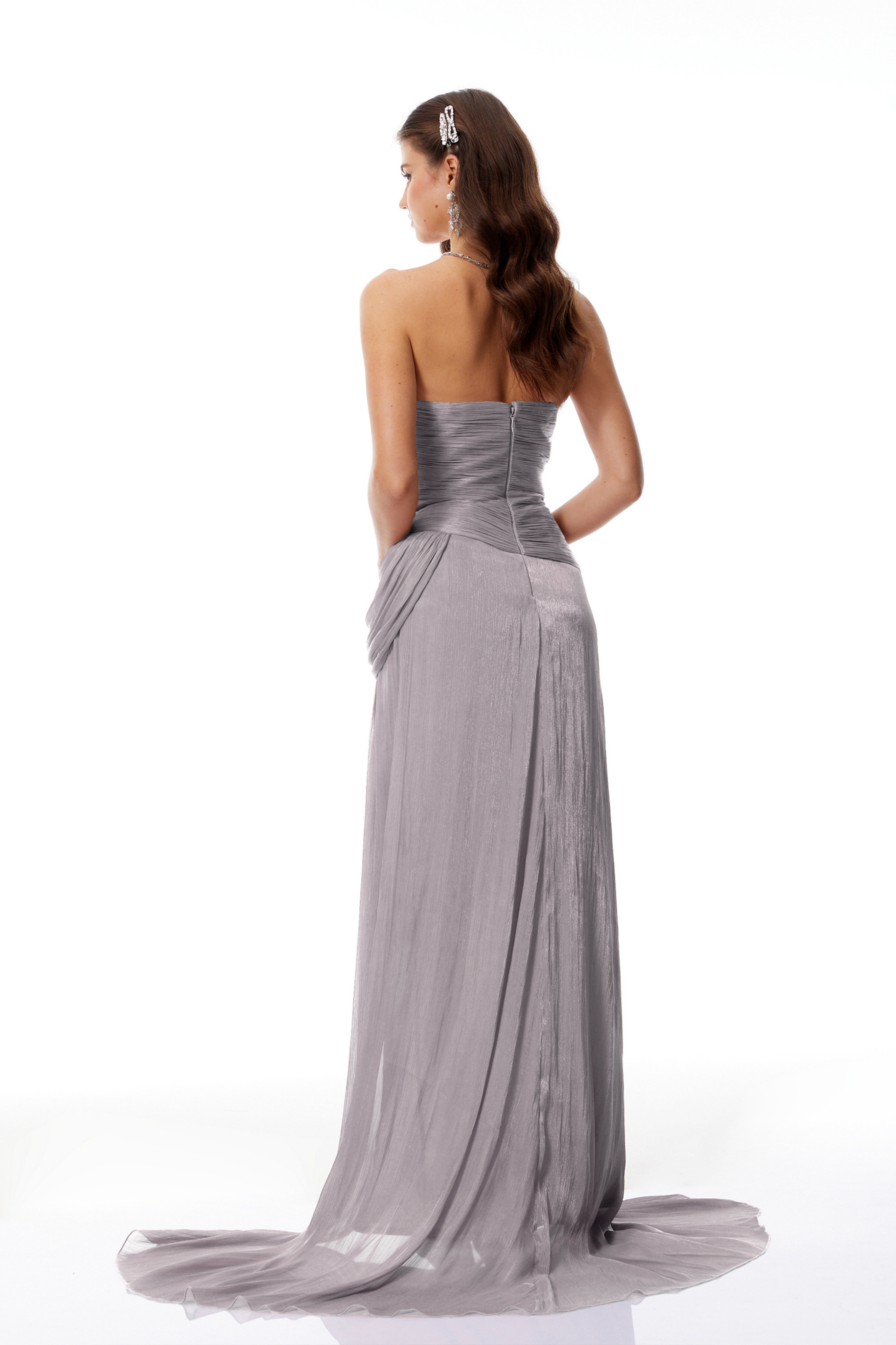 Grey Asymmetrical Glossy Gathered Maxi Dress