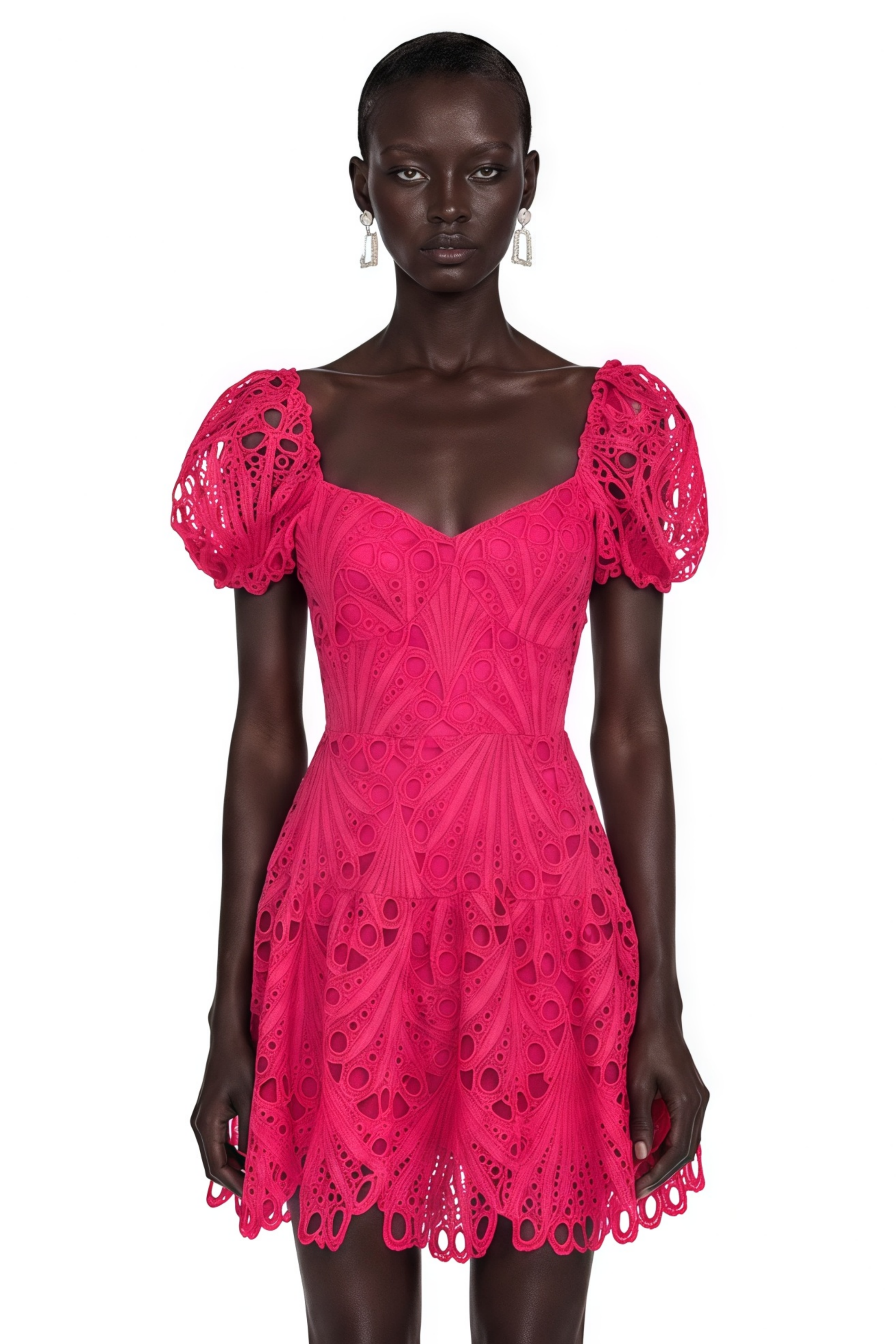 Gemma Pink Eyelet Lace Puff Sleeves Mini Dress