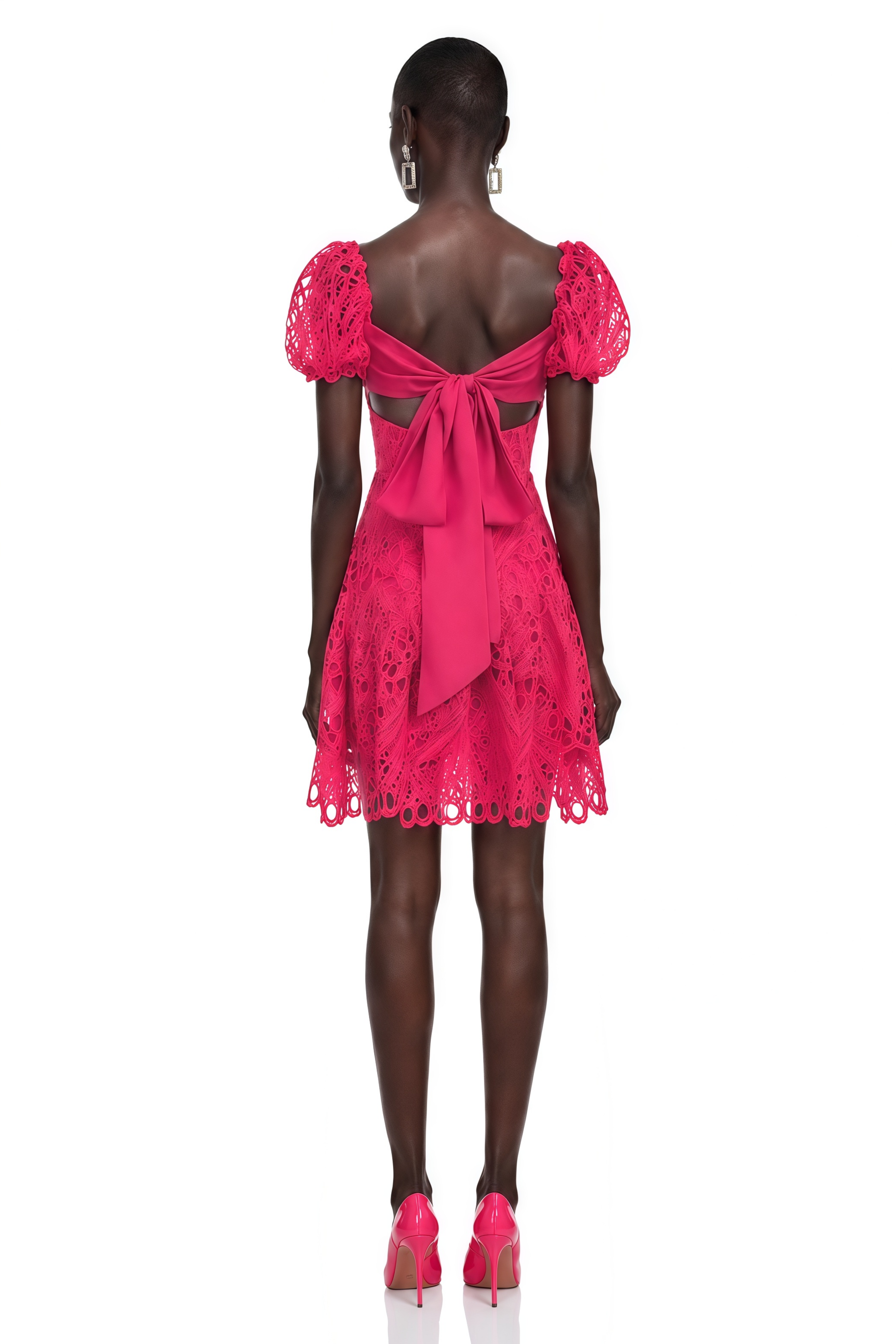 Gemma Pink Eyelet Lace Puff Sleeves Mini Dress