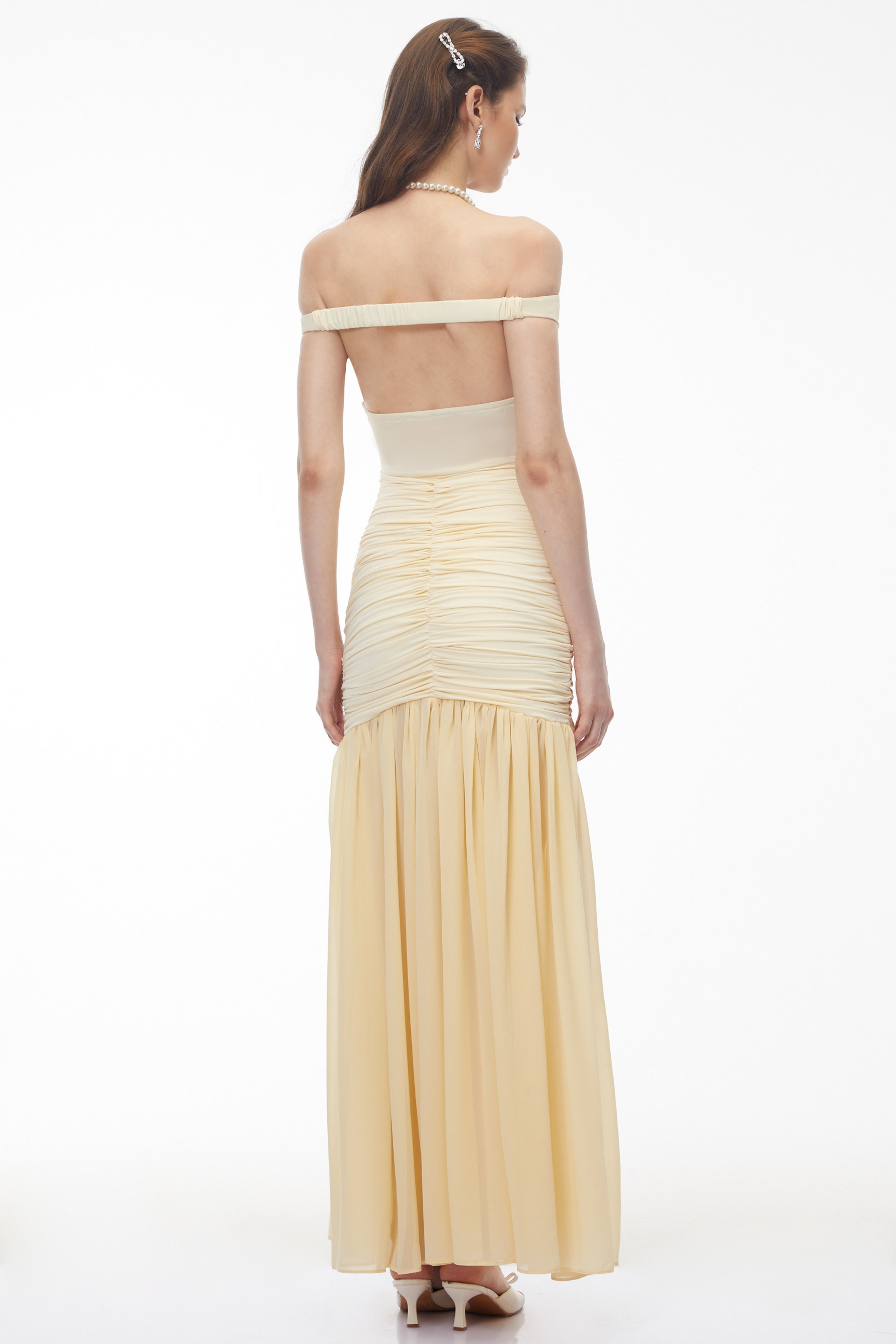 Yellow Off Shoulder Ruched Maxi Dress