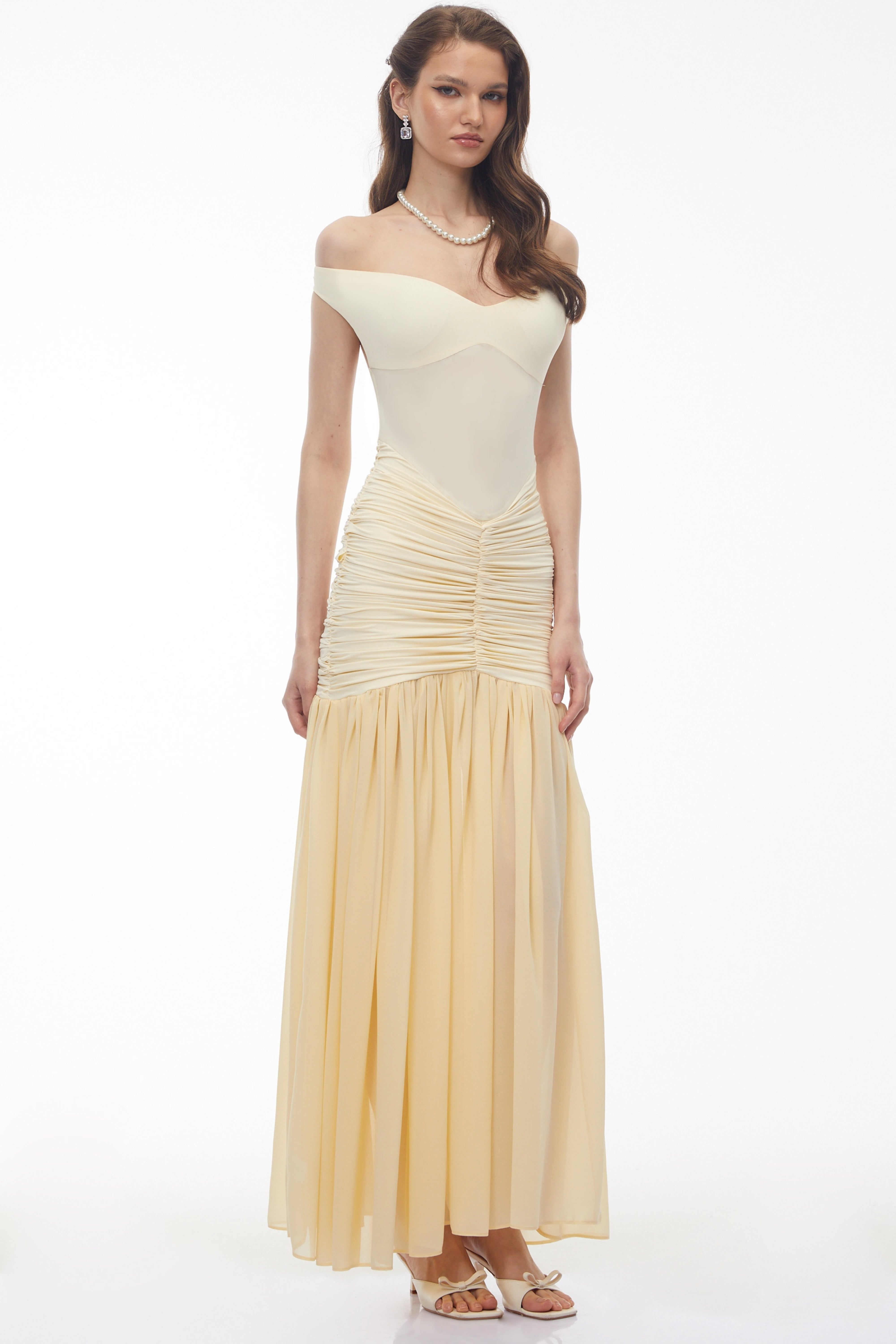 Yellow Off Shoulder Ruched Maxi Dress