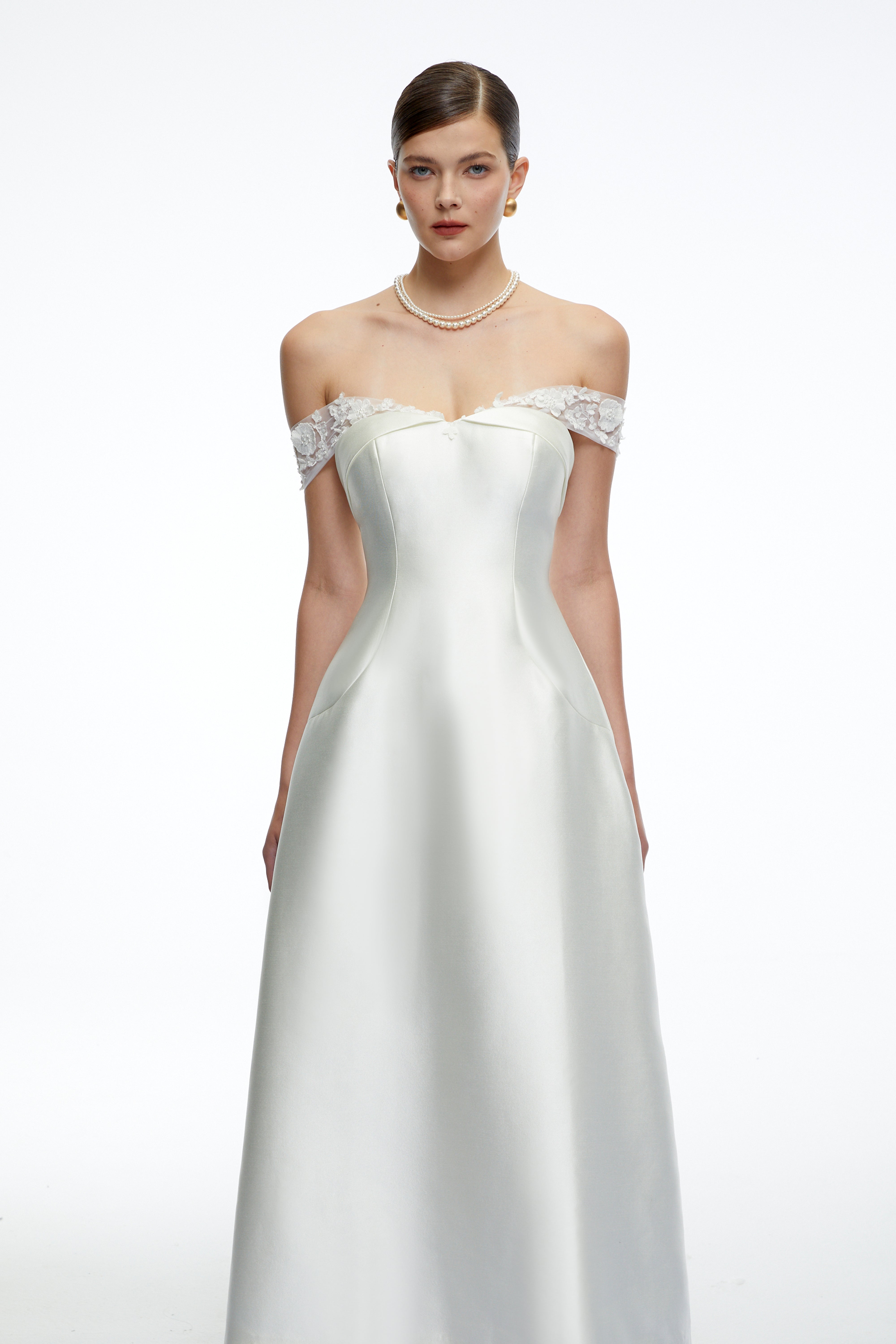 Genevra White Off Shoulder A-Line Midi Dress with Lace Trim