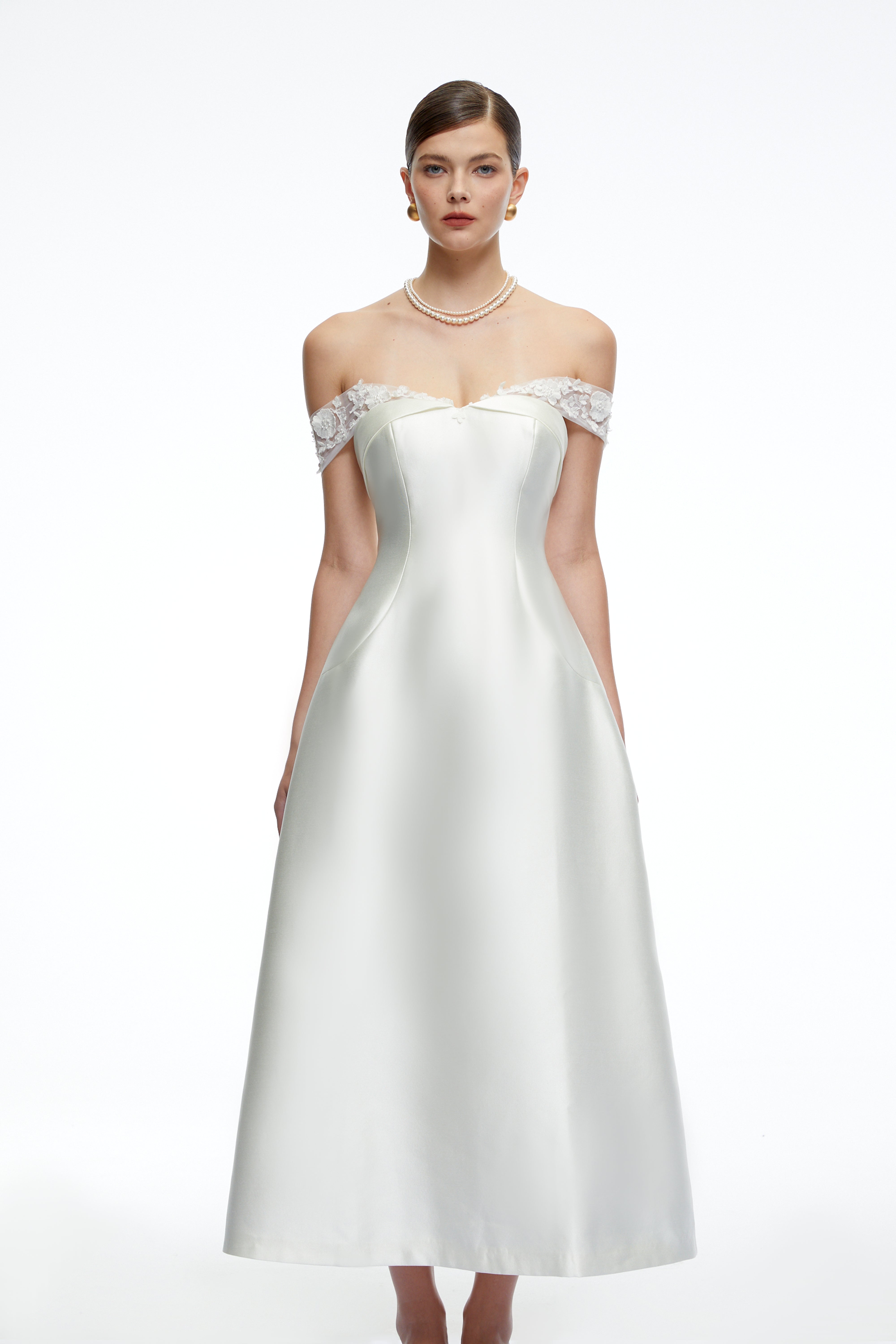 Genevra White Off Shoulder A-Line Midi Dress with Lace Trim