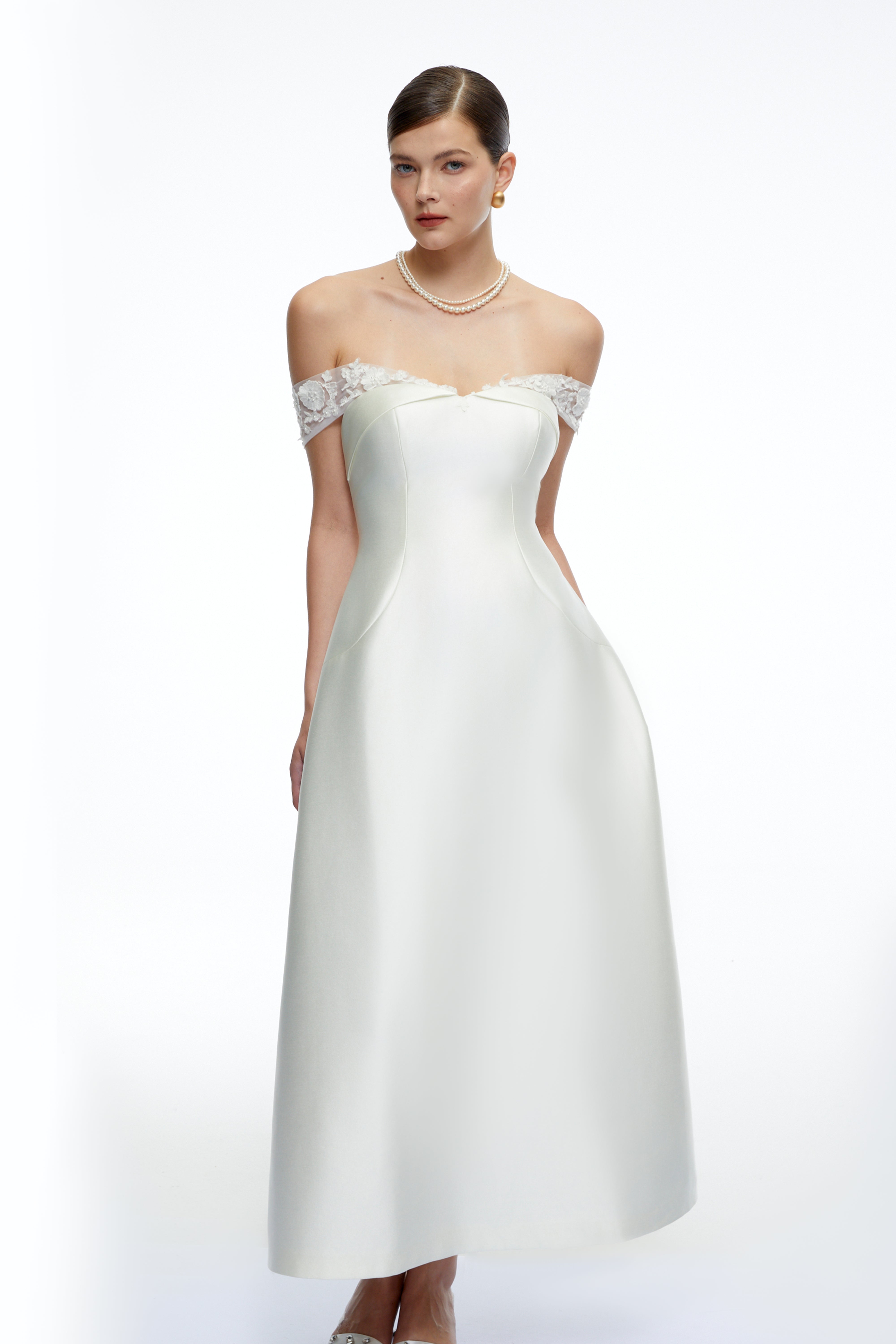 Genevra White Off Shoulder A-Line Midi Dress with Lace Trim