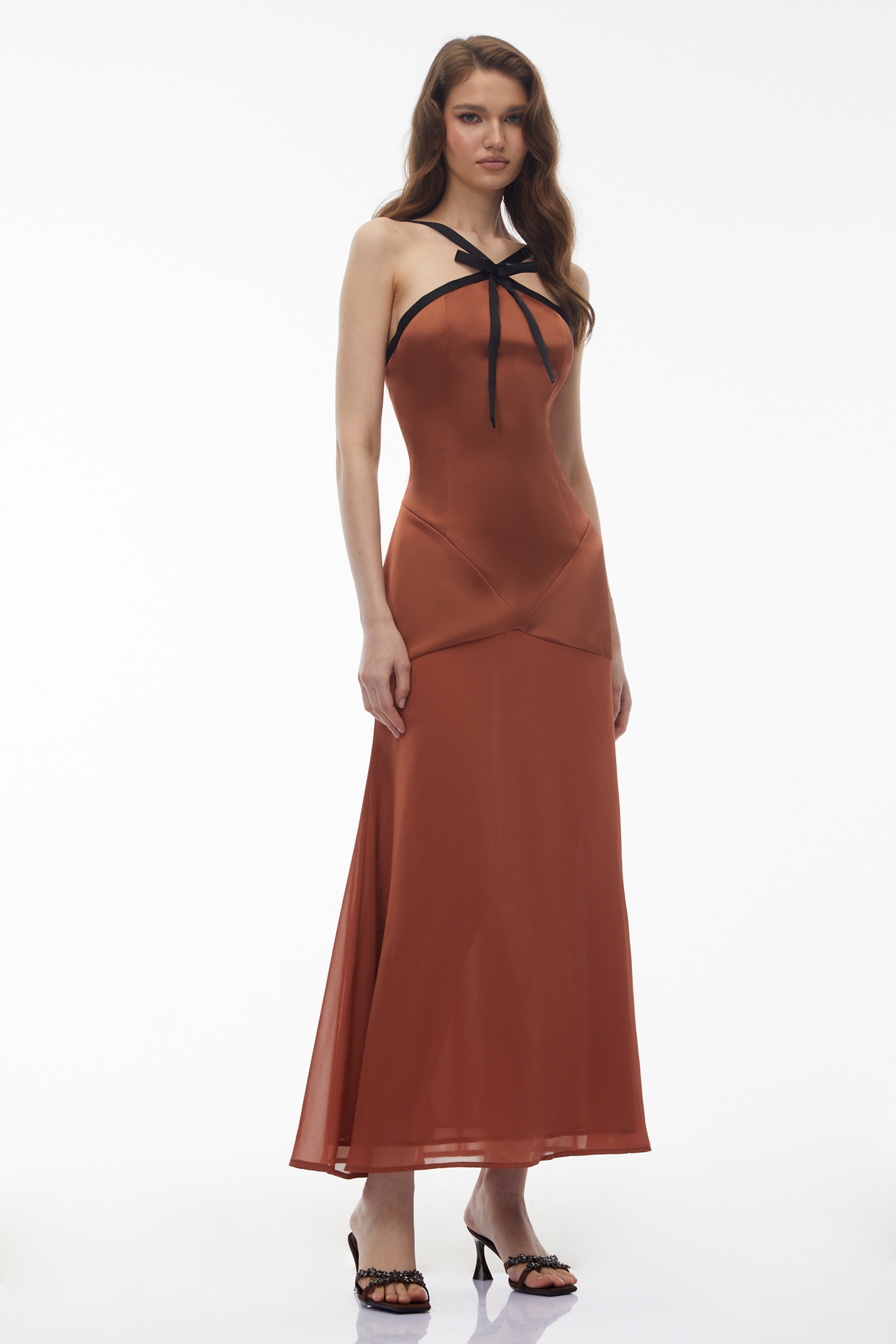 Ginevra Brown Halterneck Maxi Dress with Bow (Final Sale-US Only)