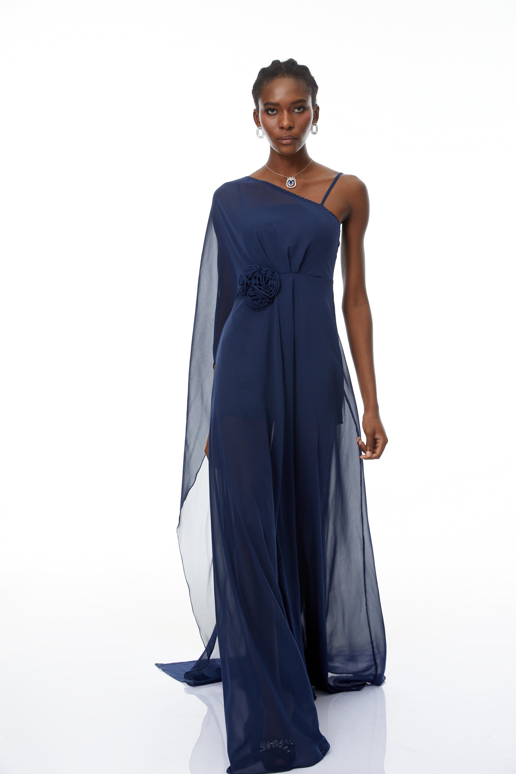 Ginevra Navy One Shoulder Cape Maxi Gown (Final Sale)