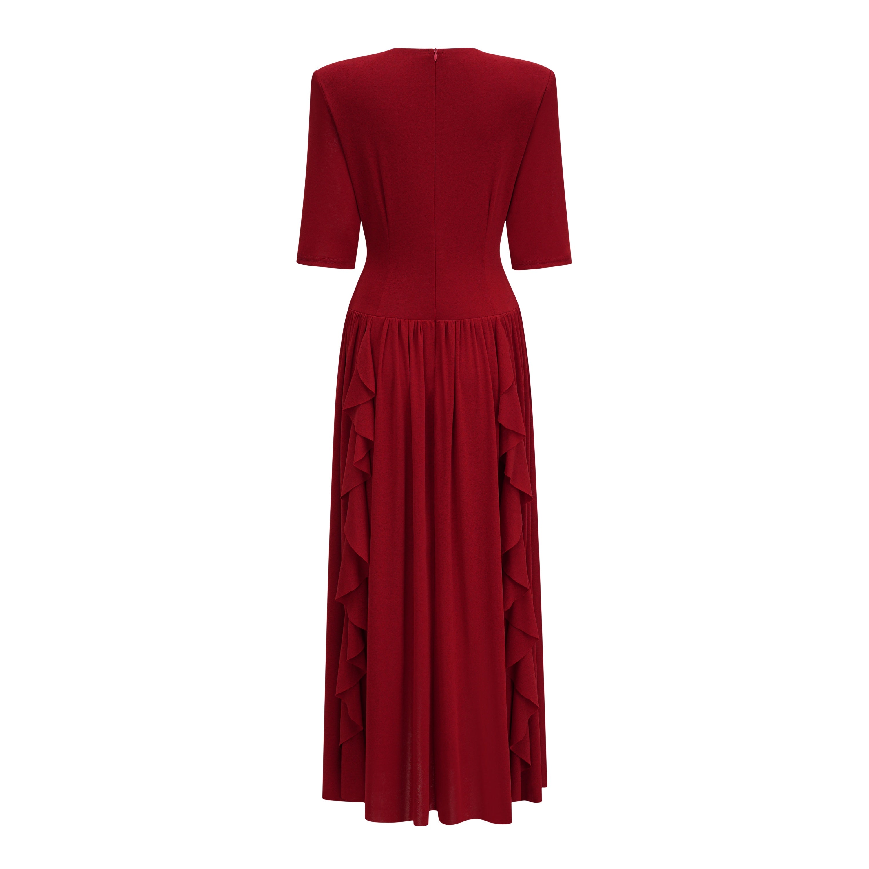 Giovanna Red V-Neck Ruched Midi Dress with Half Sleeves