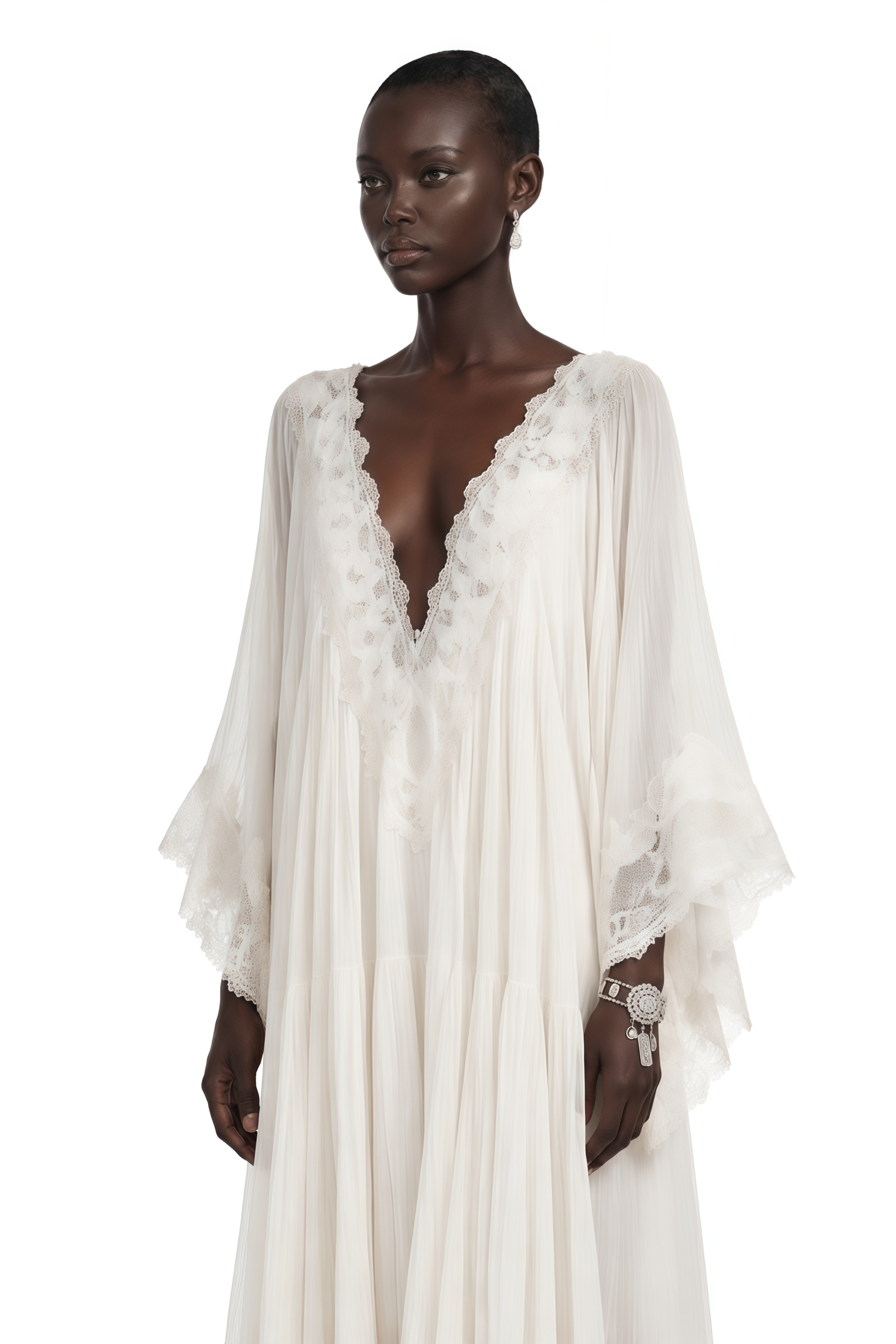 Giovanna White V-Neck Maxi Dress with Lace Trim