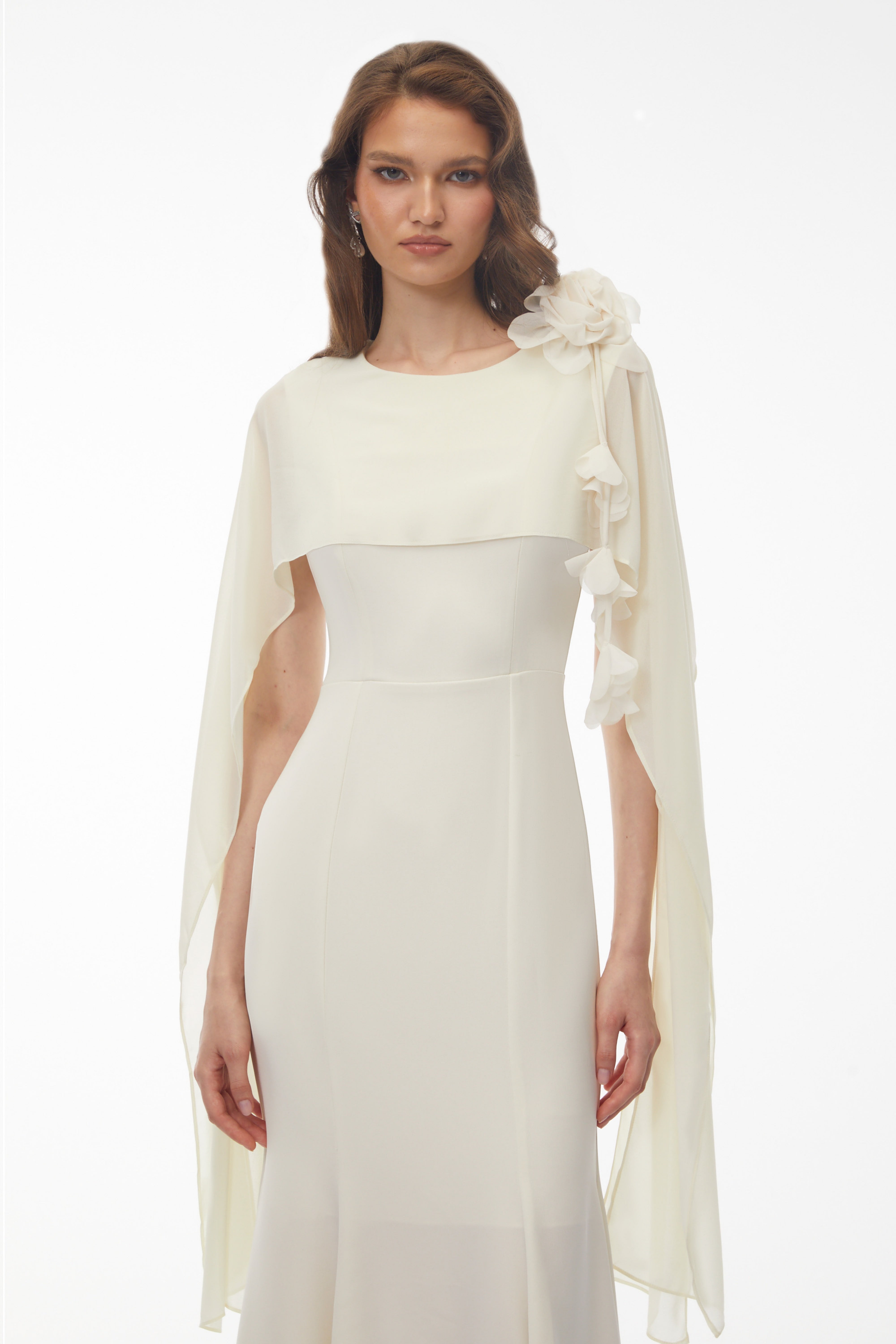 Giuliana White Midi Dress with Cape Sleeves and 3D Florals (Final Sale-US Only)
