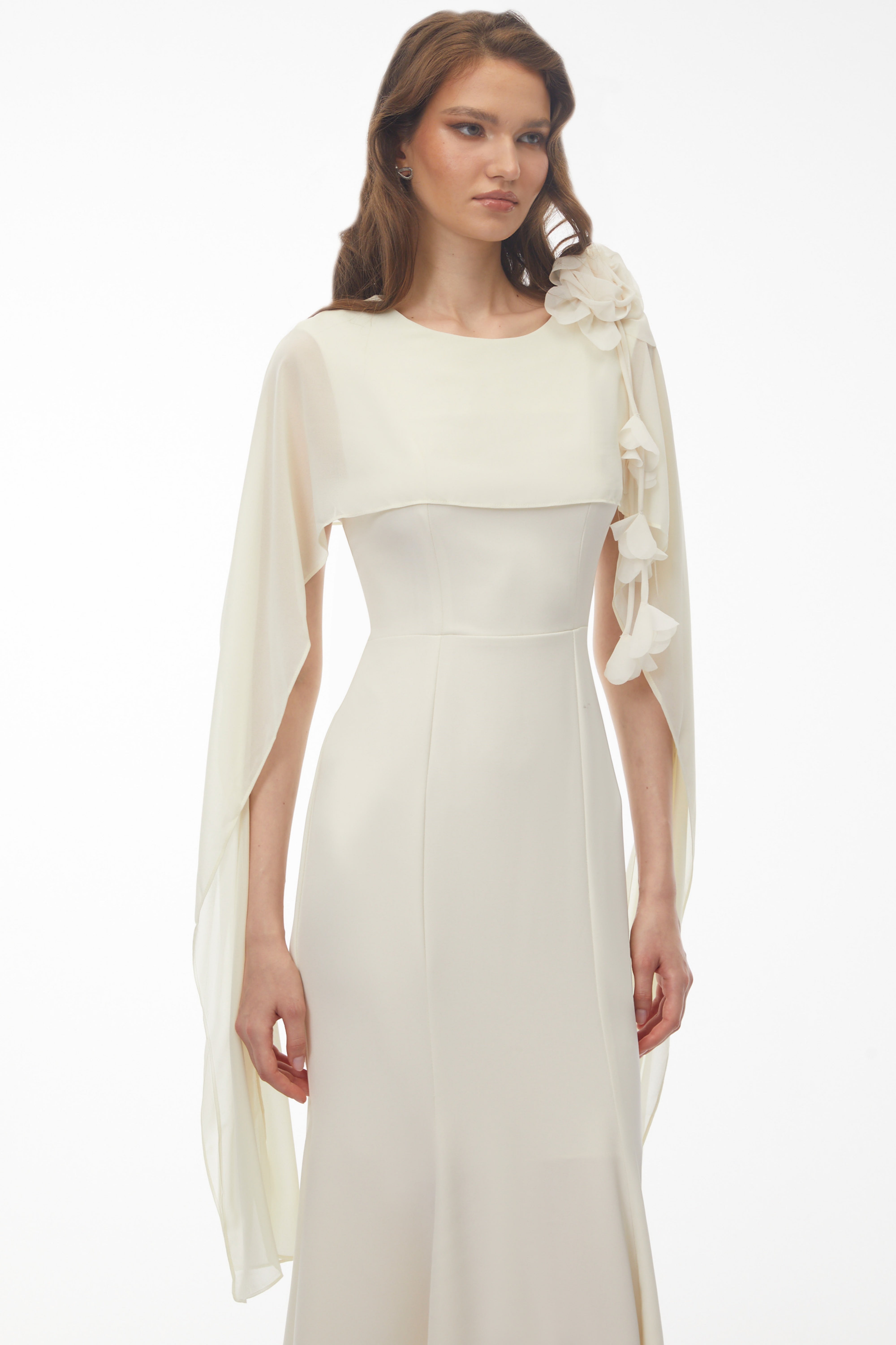 Giuliana White Midi Dress with Cape Sleeves and 3D Florals (Final Sale-US Only)