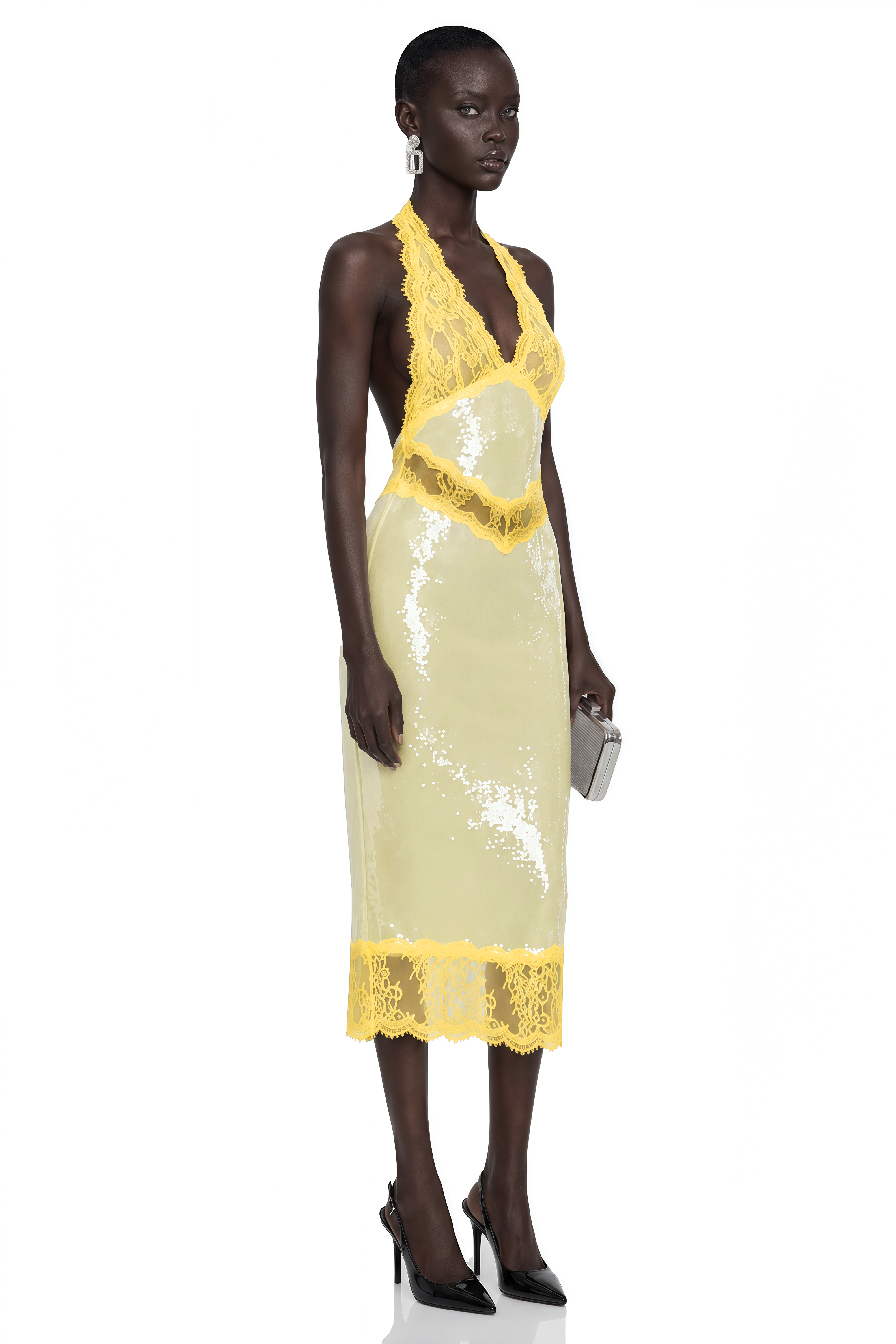 Yellow sequin halter dress with bright yellow lace trim