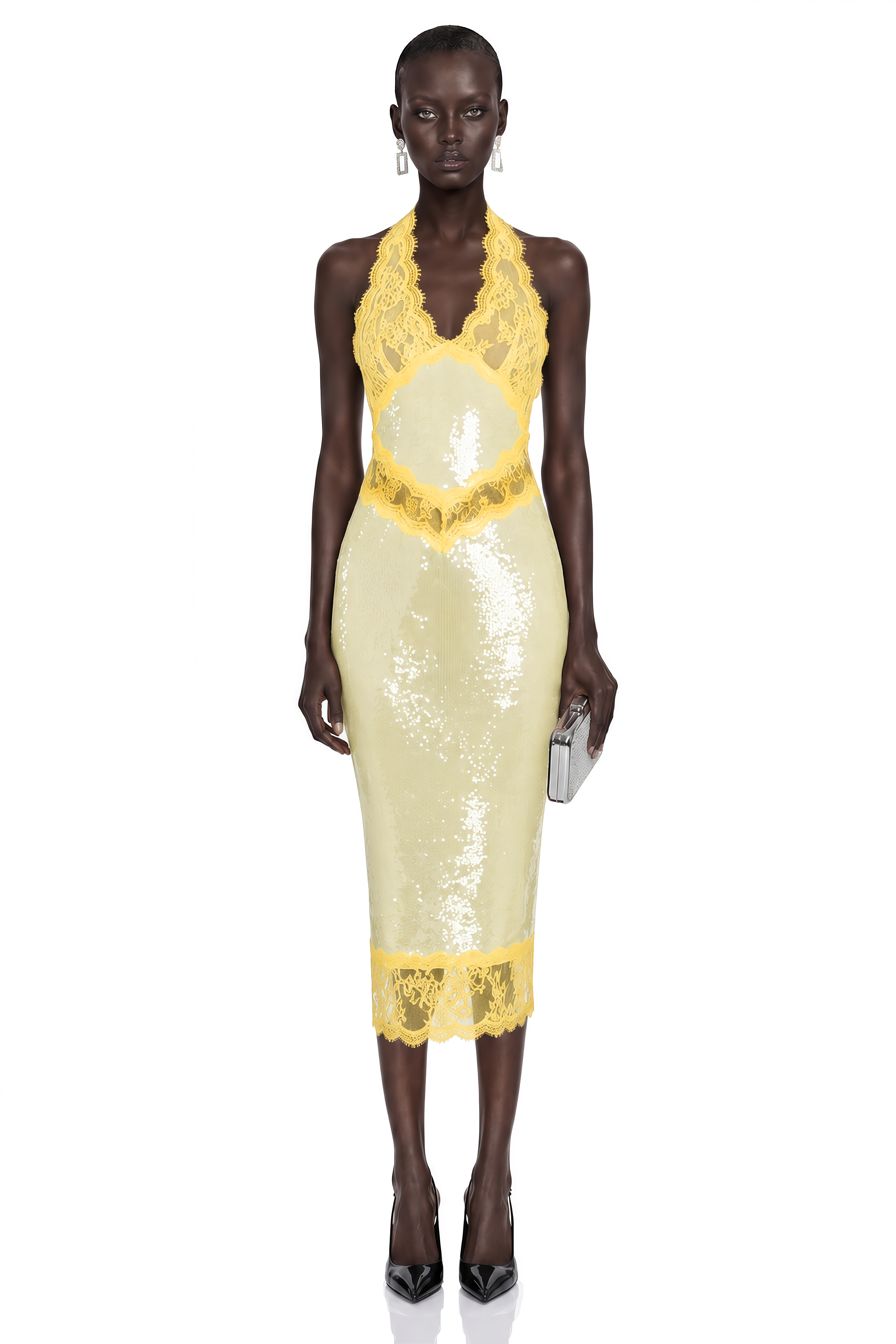 Yellow sequin halter dress with bright yellow lace trim