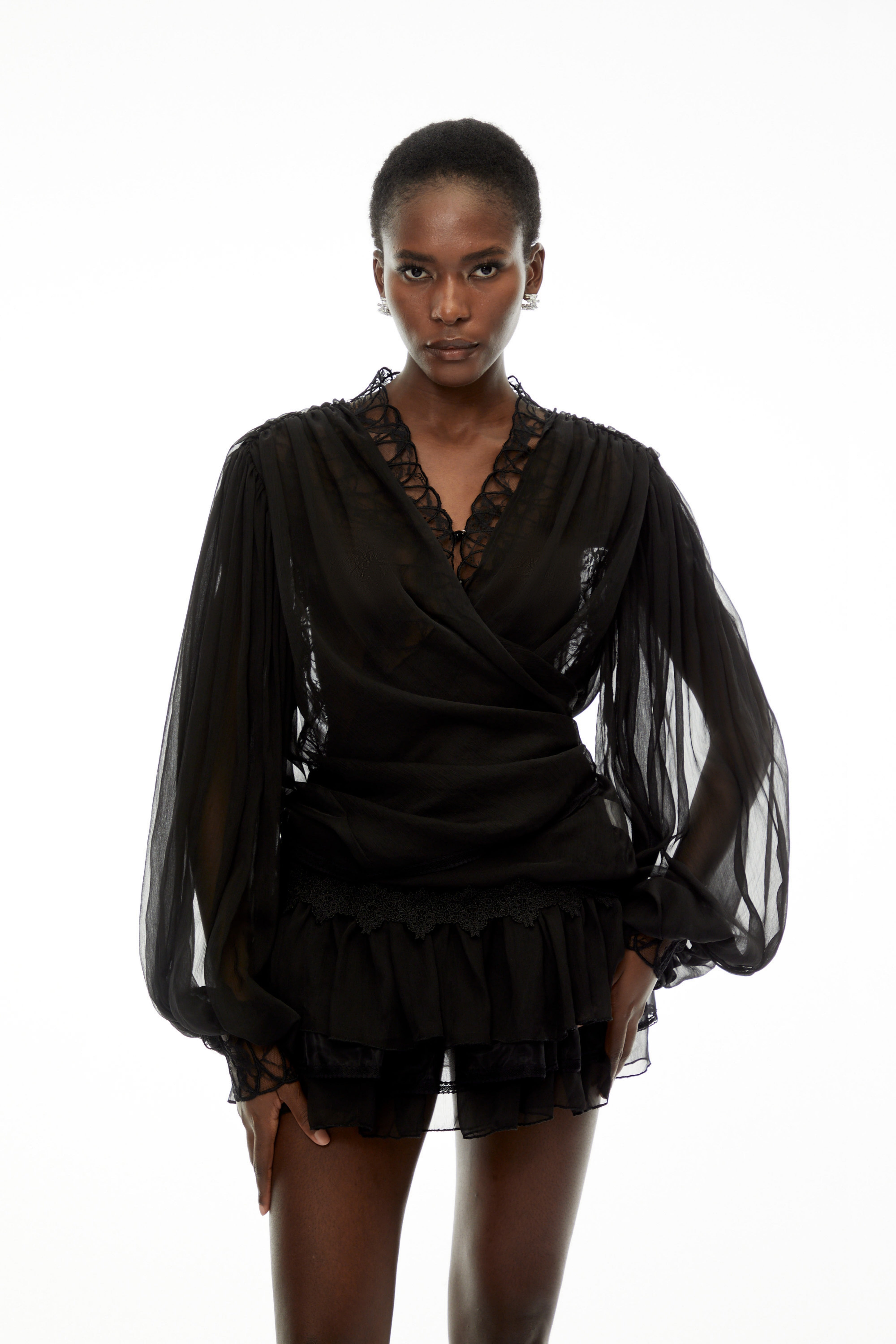 Sophie Black Lace Trim Blouse & Tiered Skirt Set (Final Sale-US Only)