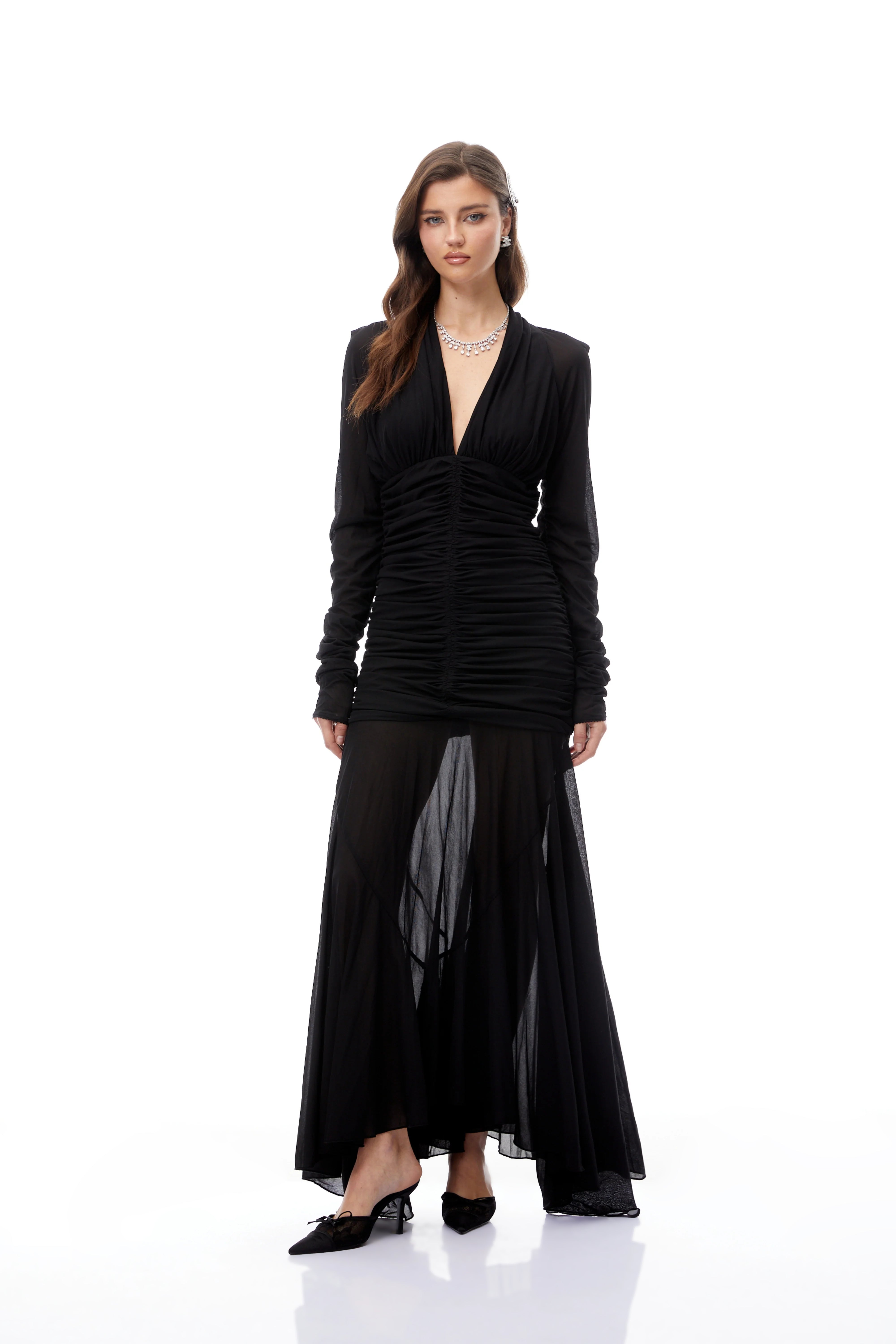 Robe longue en maille transparente froncée Greta Black (Vente définitive)