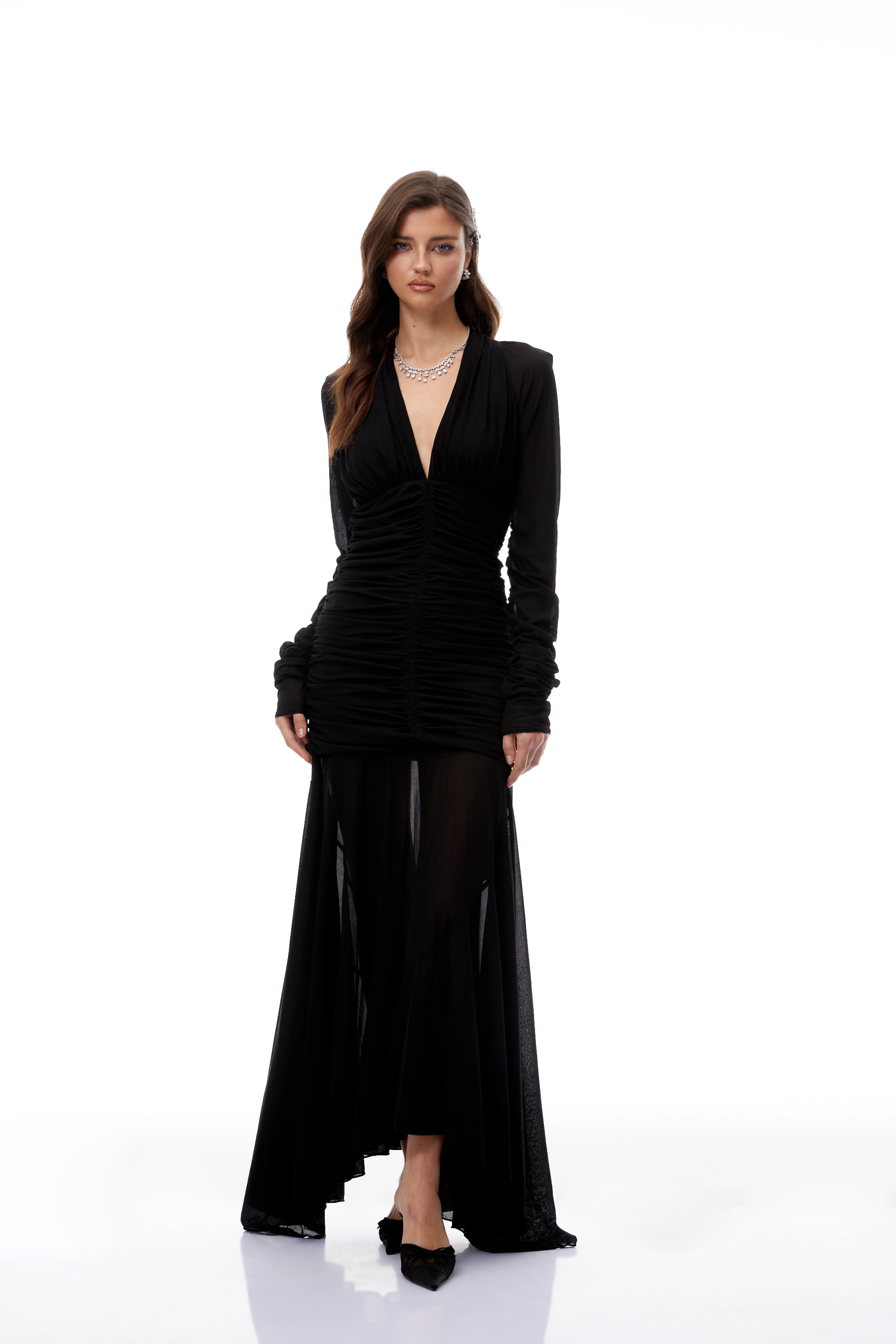 Robe longue en maille transparente froncée Greta Black (Vente définitive)