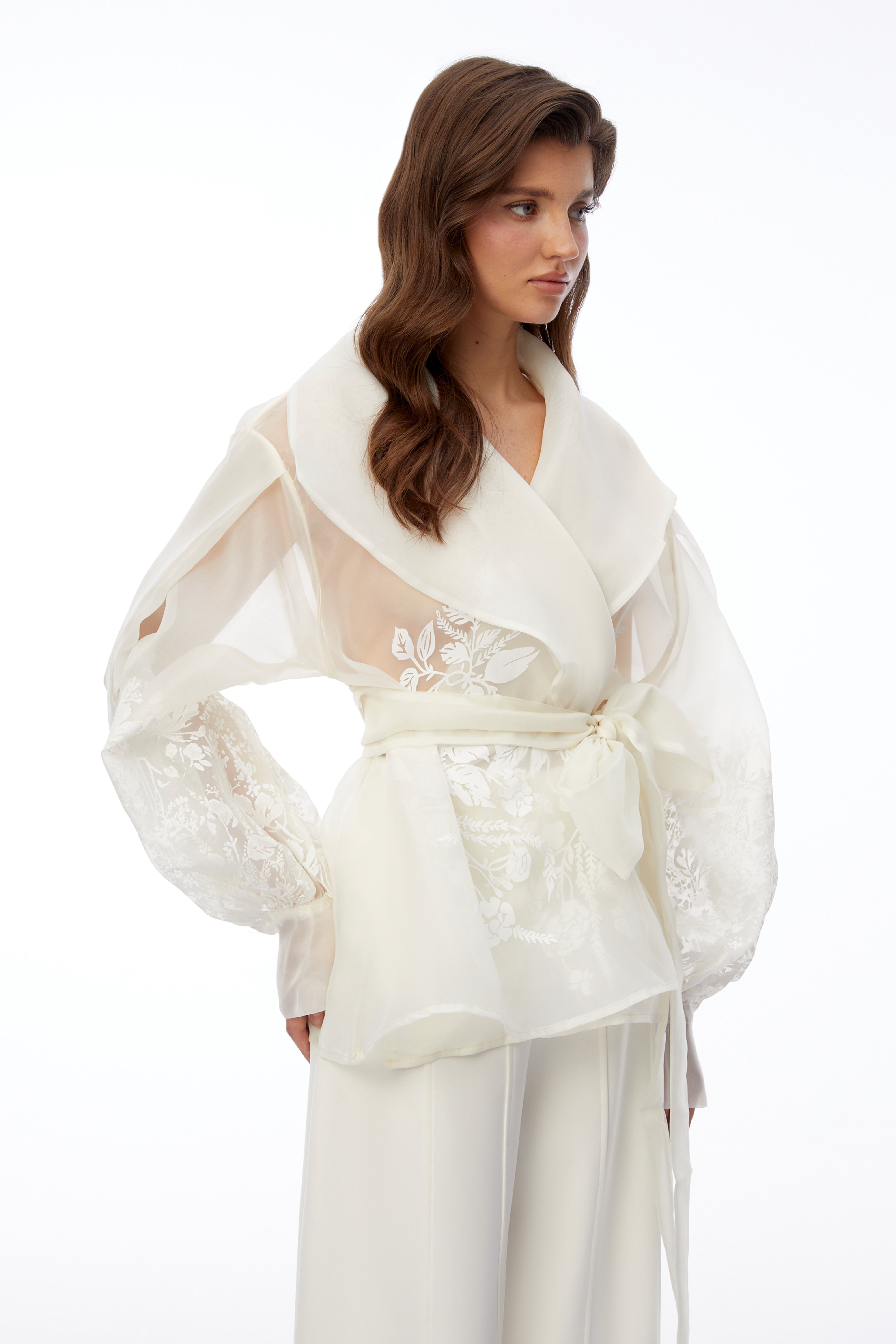 Griselda Ivory Floral Embroidered Blouse with Lapel Collar