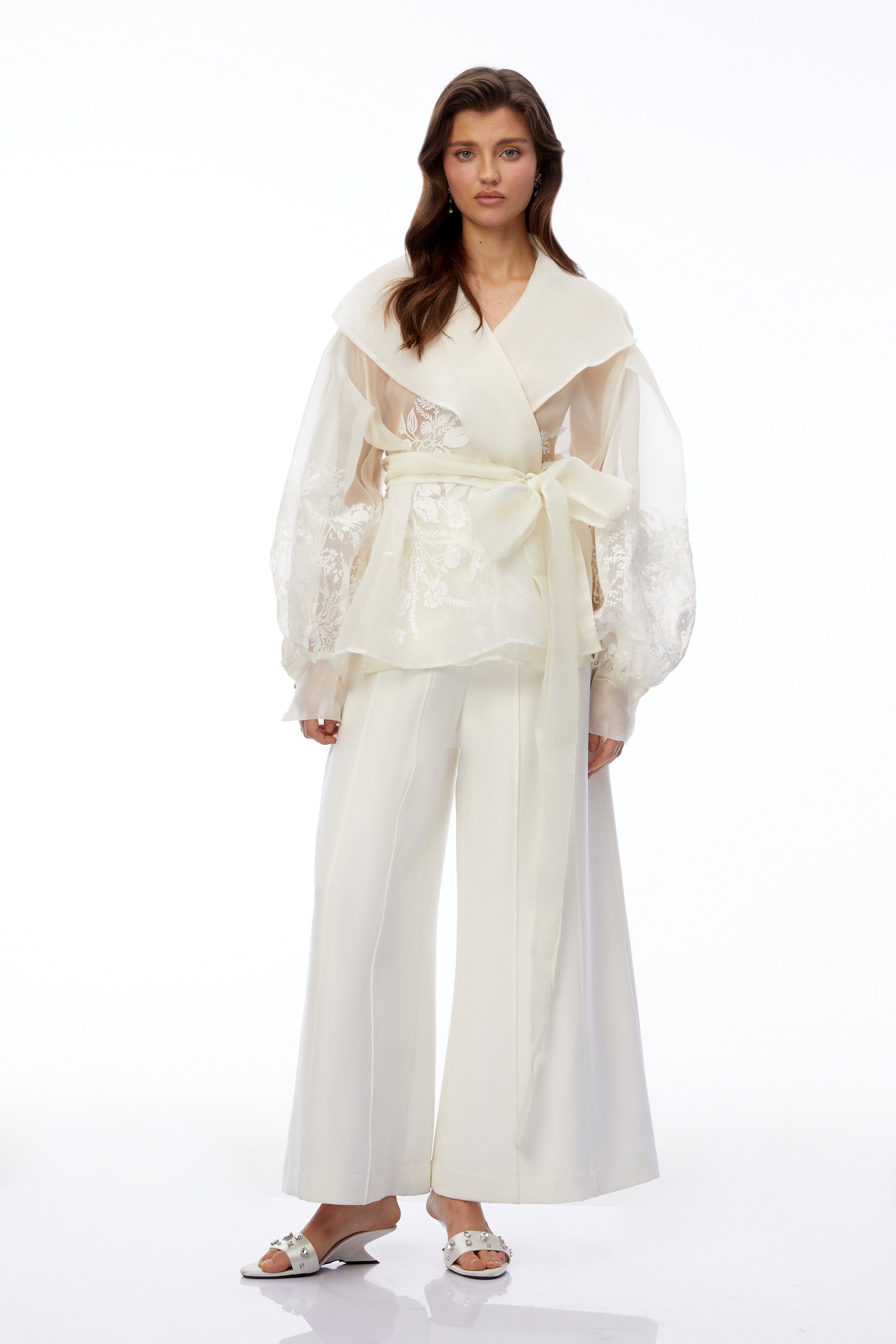 Griselda Ivory Floral Embroidered Blouse with Lapel Collar