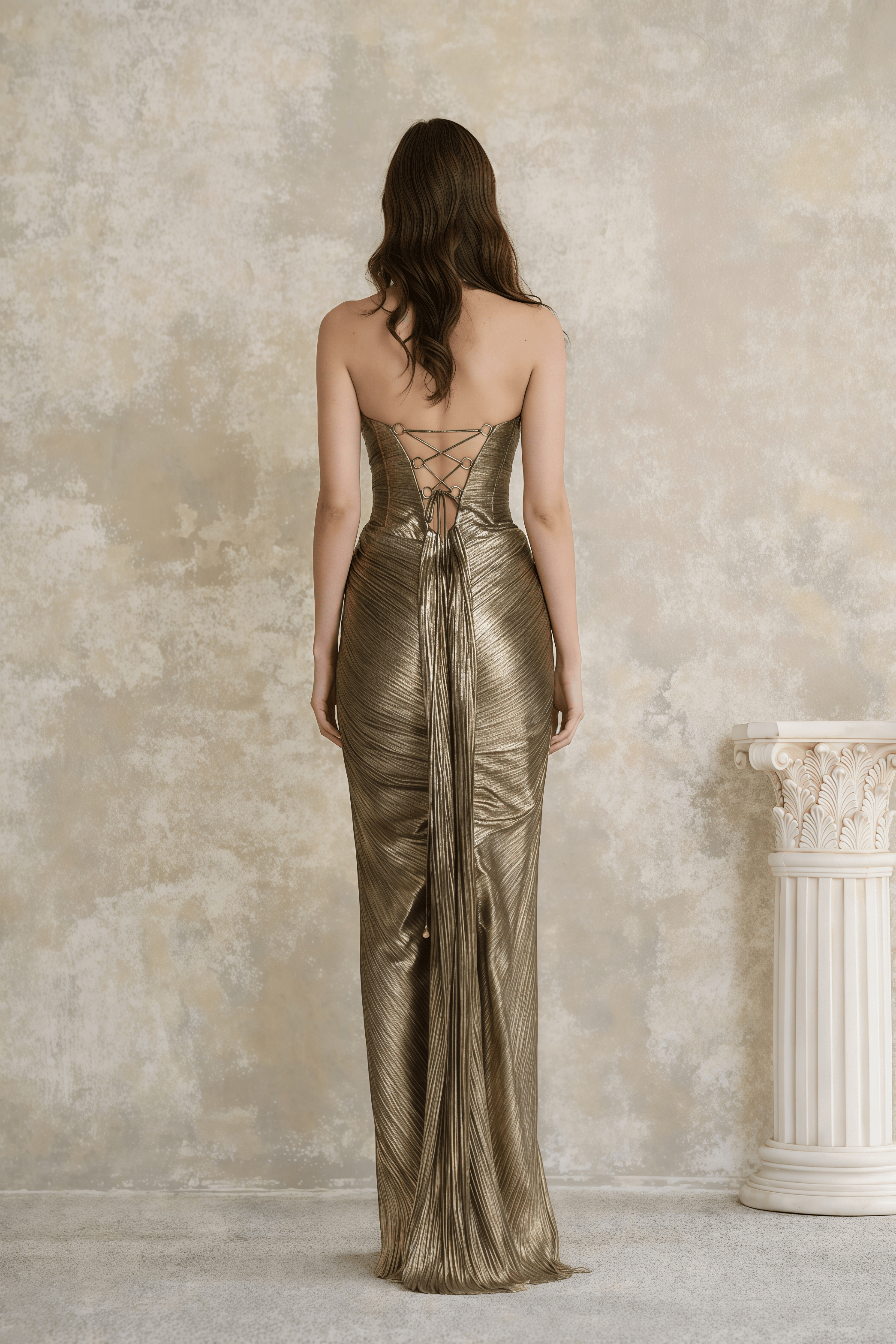 Gold Off-Shoulder Ruched Maxi Dress