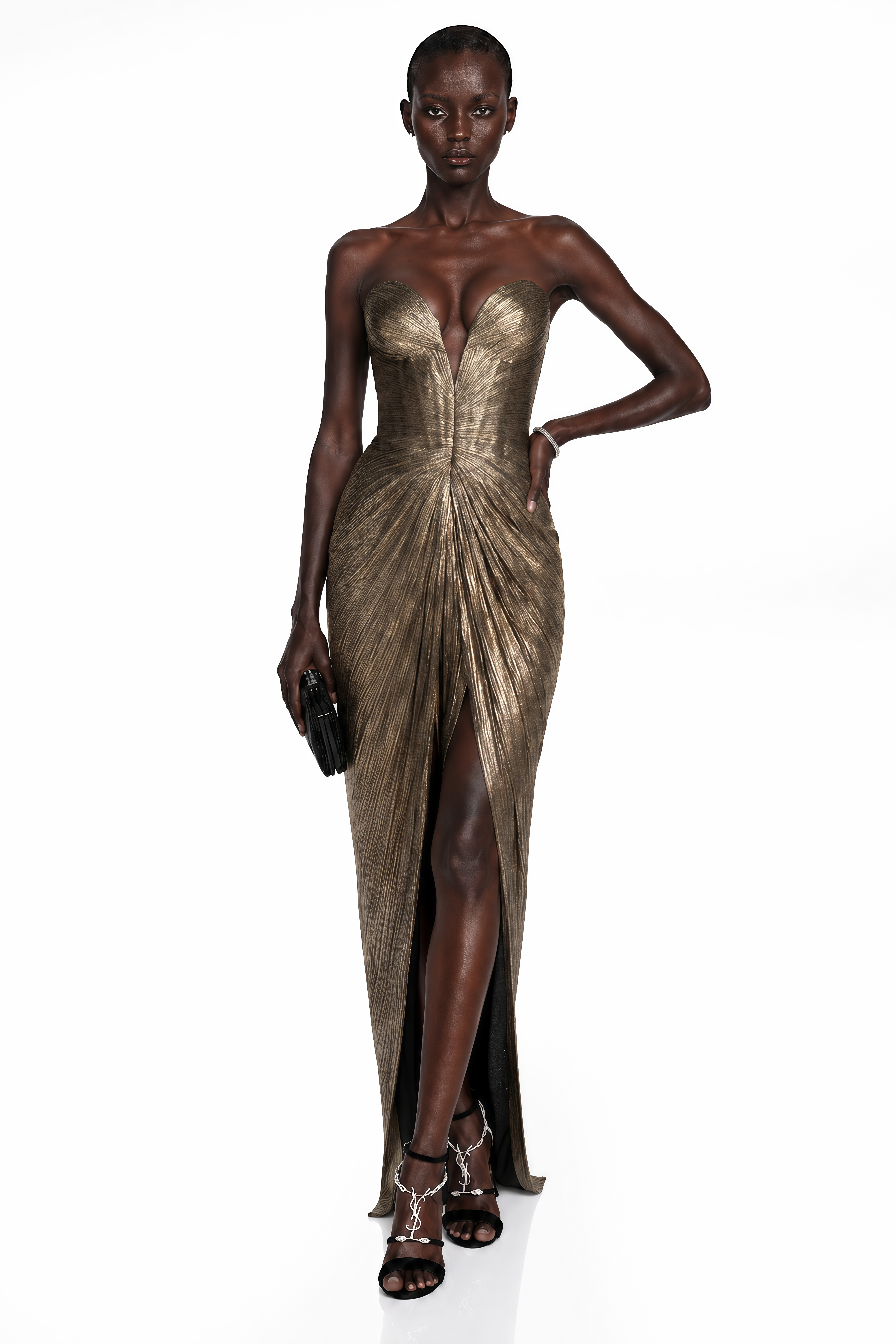 Antique gold strapless maxi dress with a plunging sweetheart neckline, pleated bodice, and a front leg slit
