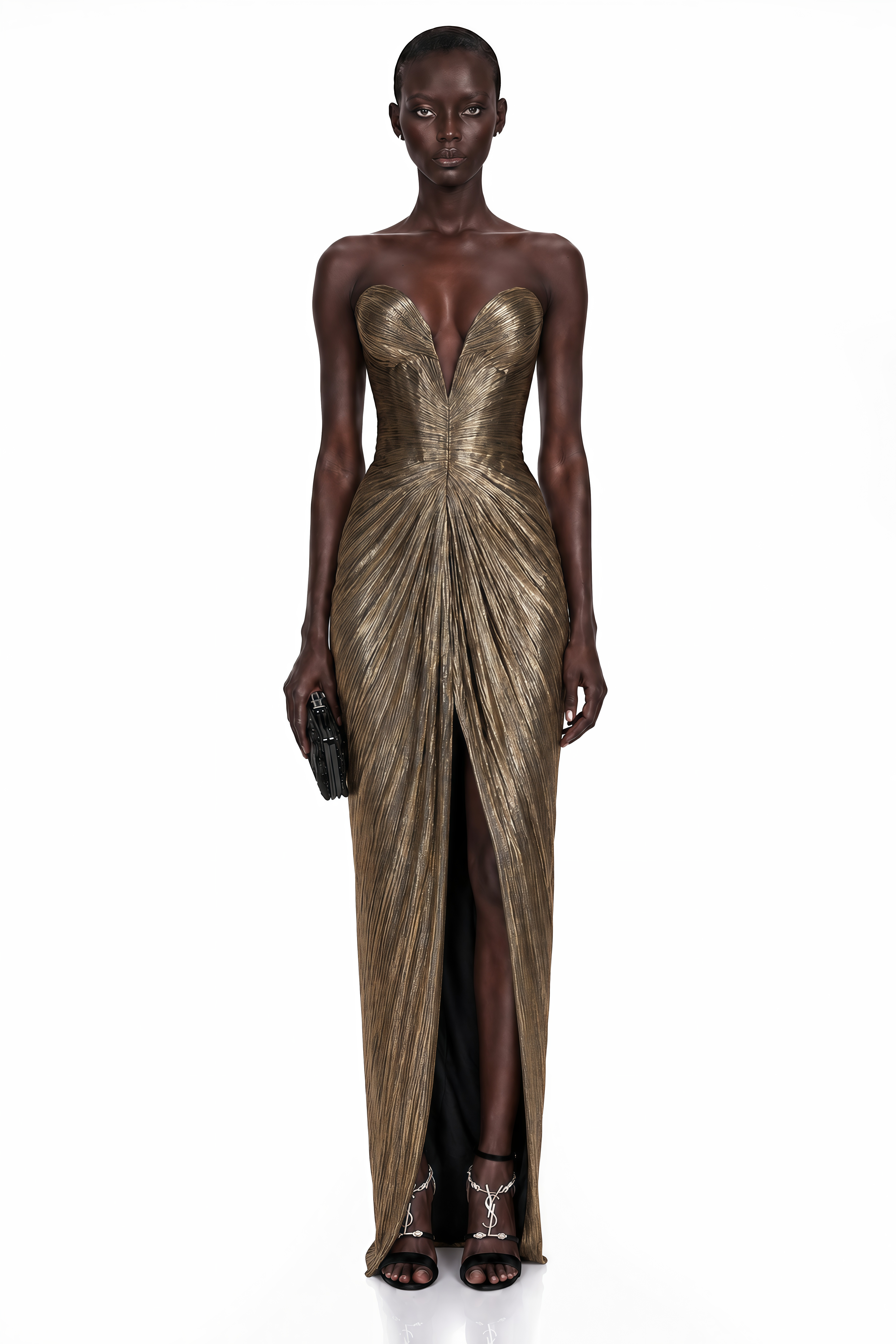 Antique gold strapless maxi dress with a plunging sweetheart neckline, pleated bodice, and a front leg slit