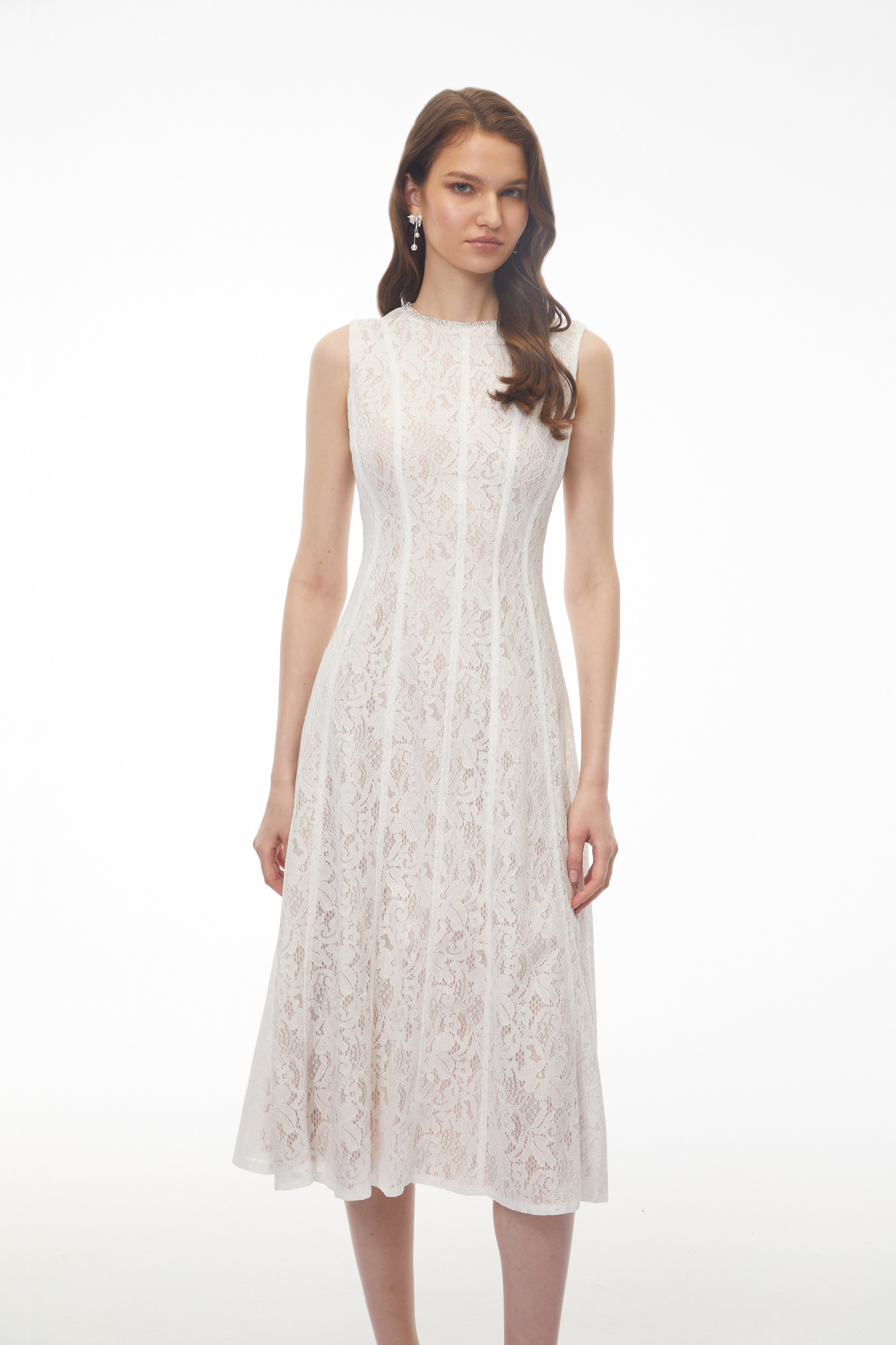 Guinevere White Sleeveless Floral Lace Midi Dress (Final Sale)