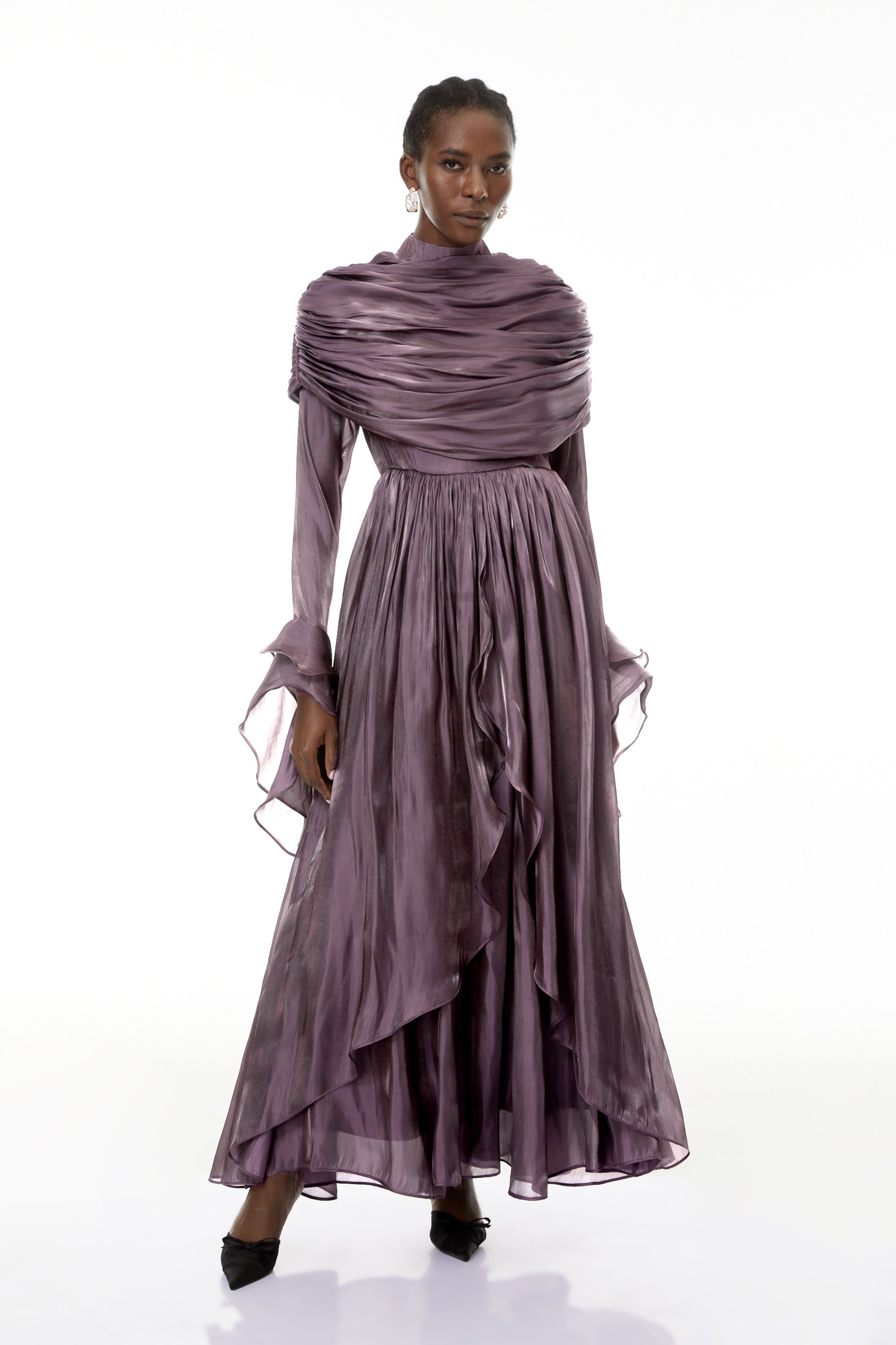 Gustave Purple Ruched Cape Ruffled Maxi Dress (Final Sale-US Only)