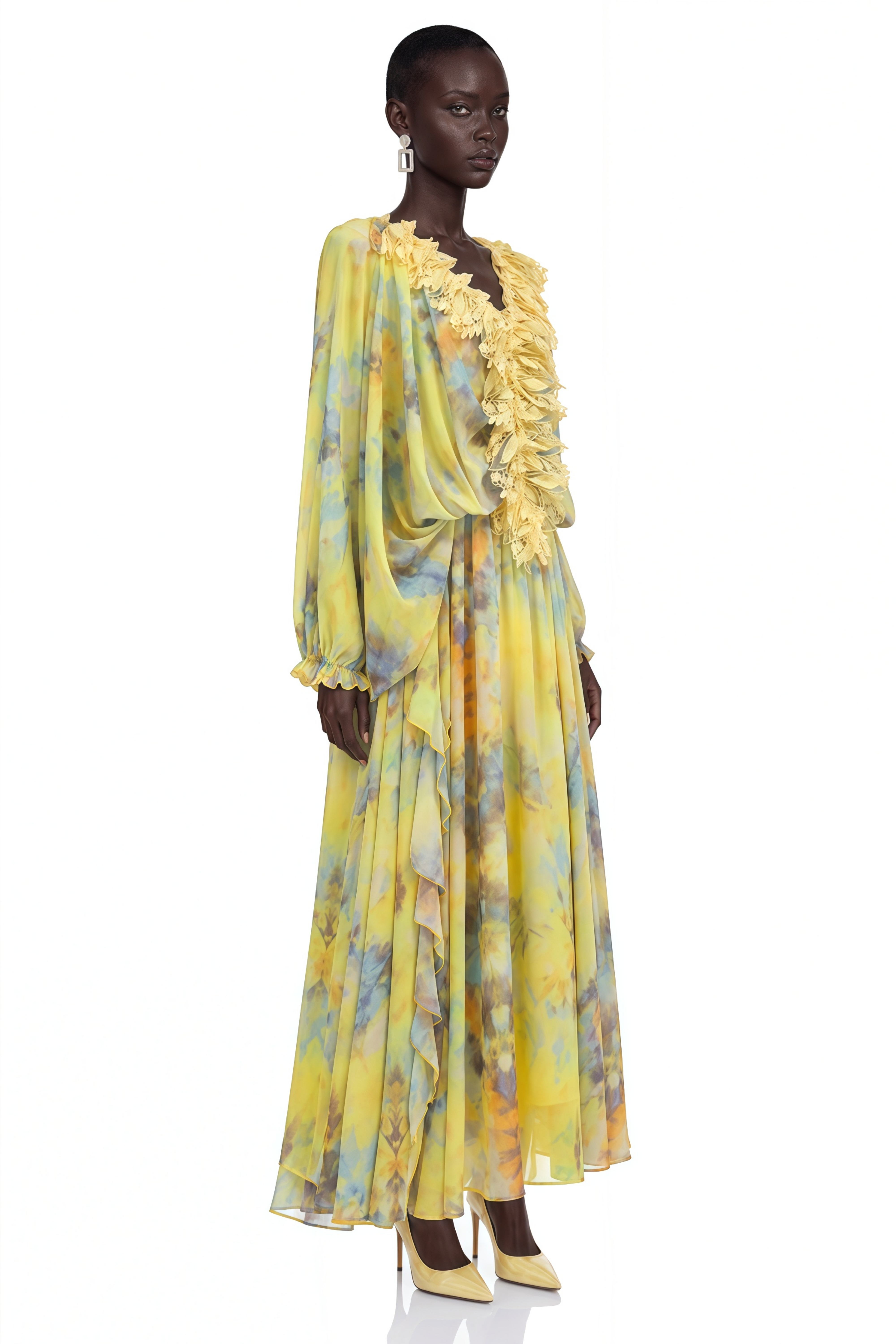 Gwendolen Yellow Floral Print Maxi Dress with Lace Trim