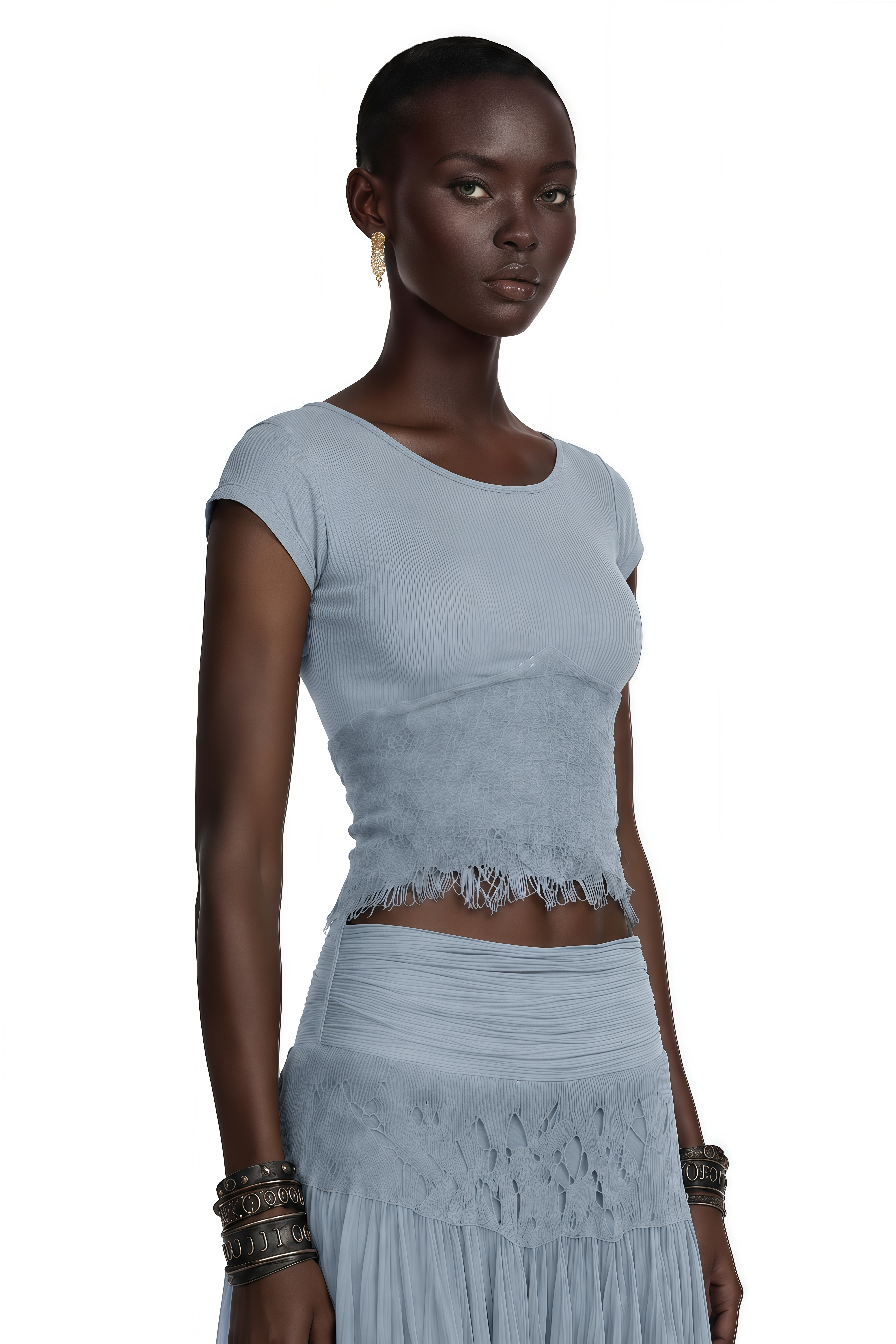 Haast Dusty Blue Knit Top & Lace Panel Skirt Set