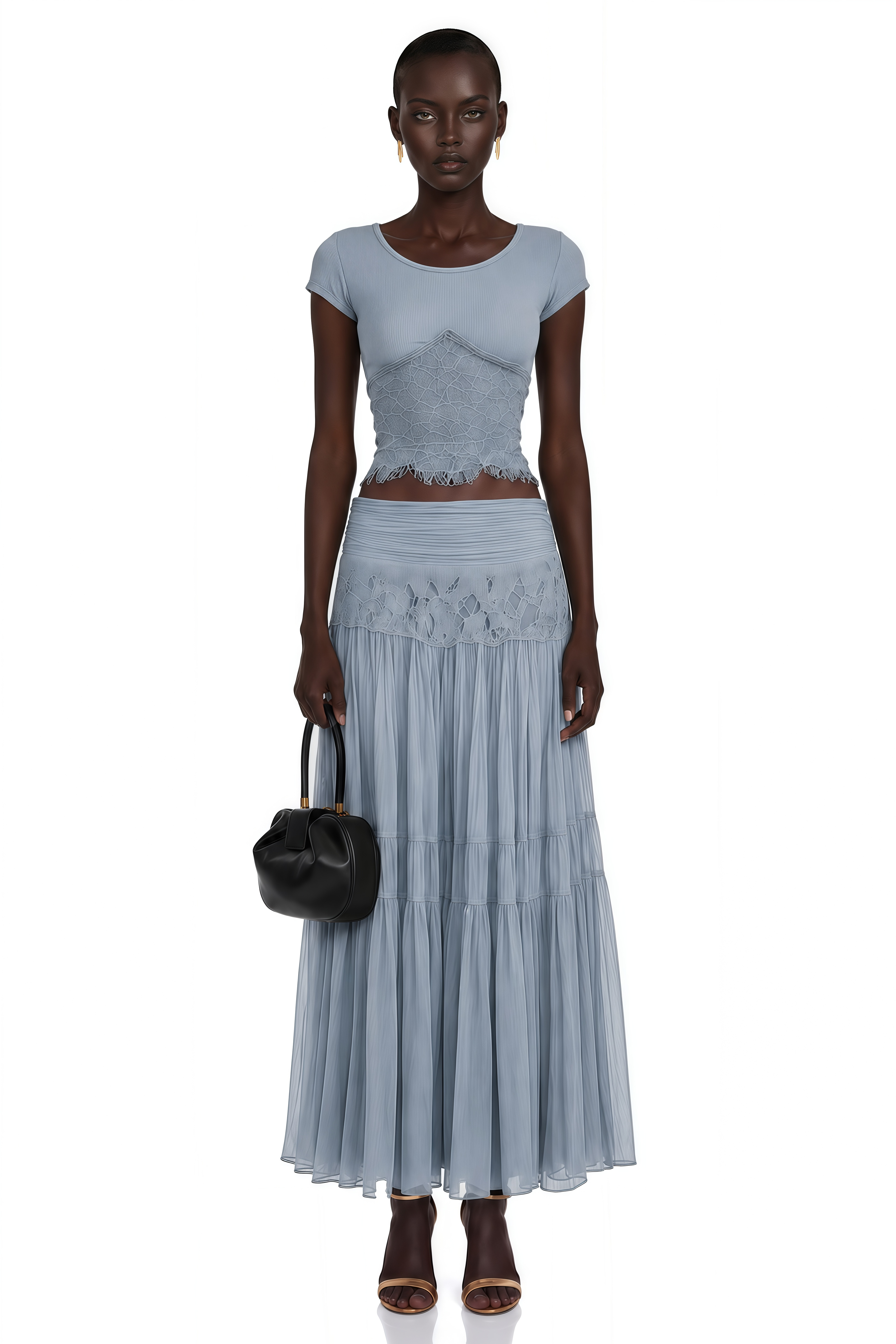 Haast Dusty Blue Knit Top & Lace Panel Skirt Set