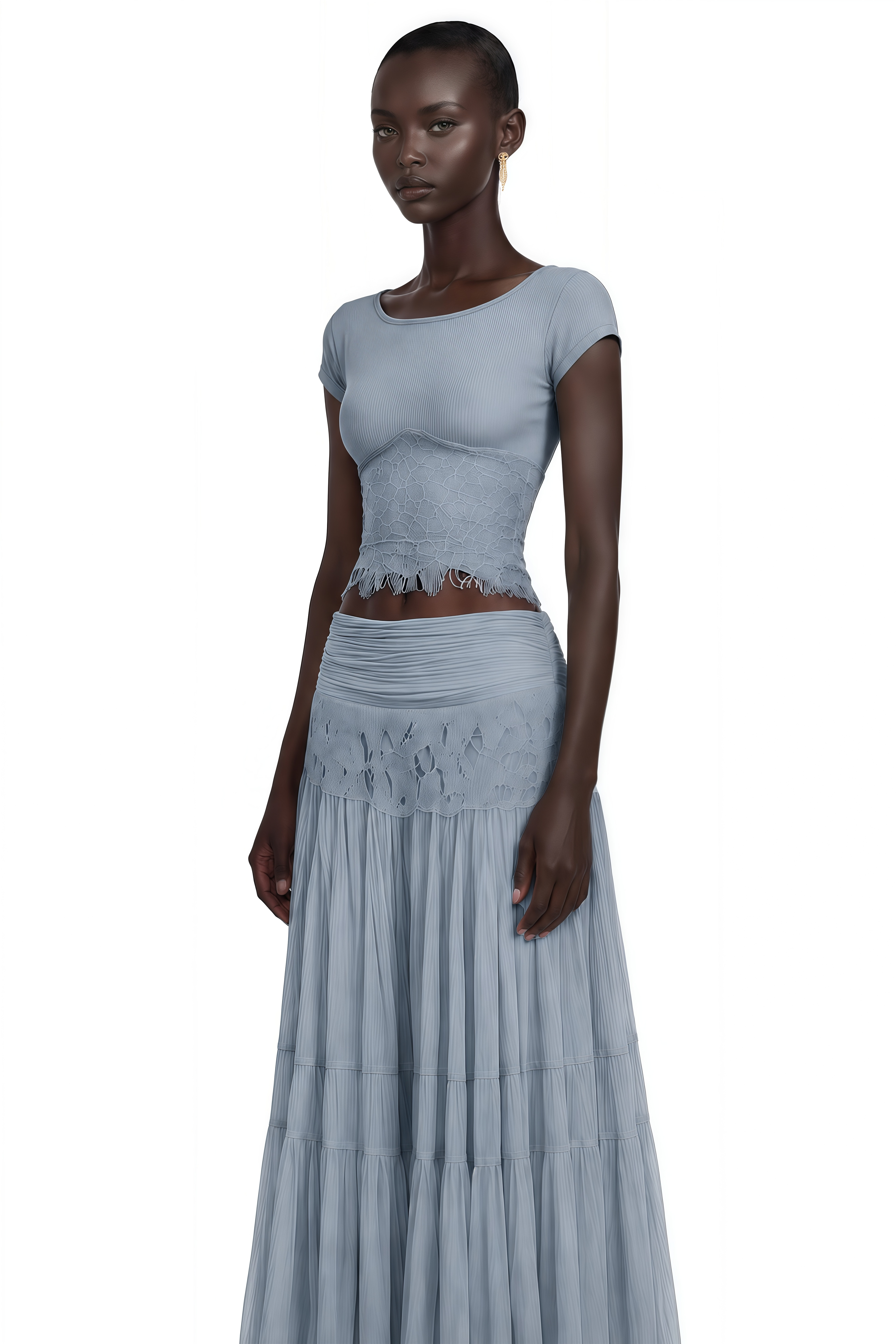 Haast Dusty Blue Knit Top & Lace Panel Skirt Set