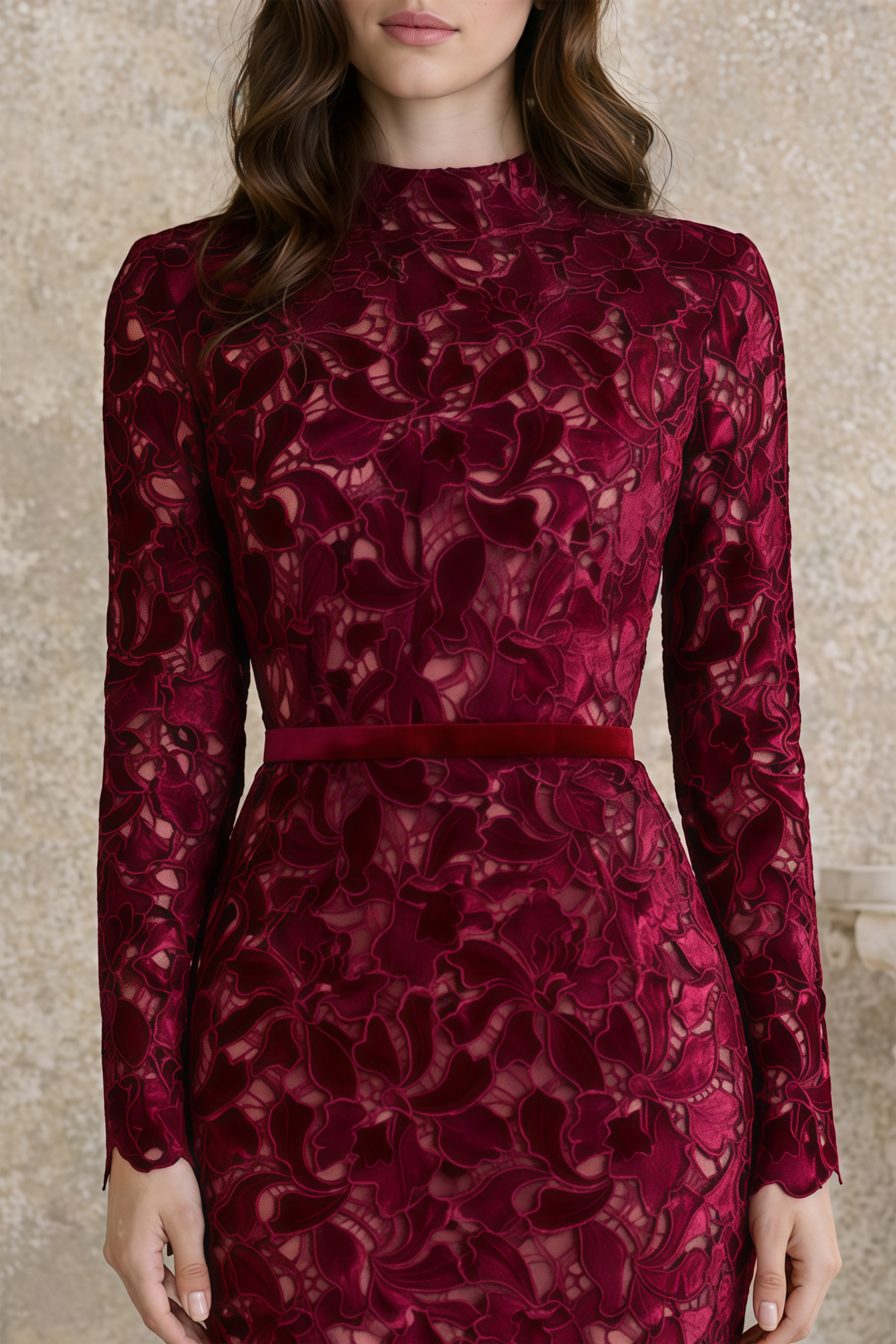 Velvet Lace Floral Midi Dress in Burgundy