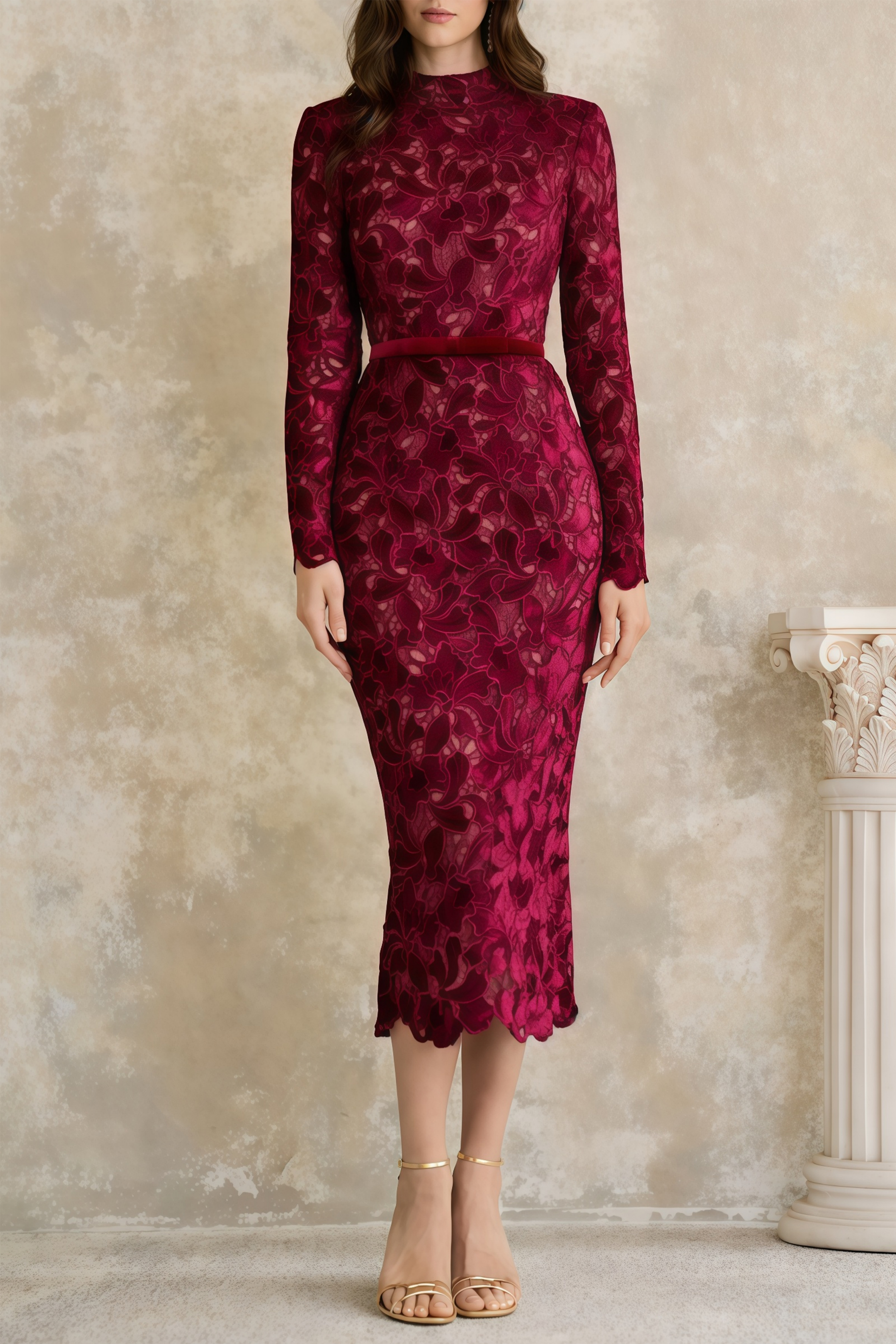 Velvet Lace Floral Midi Dress in Burgundy