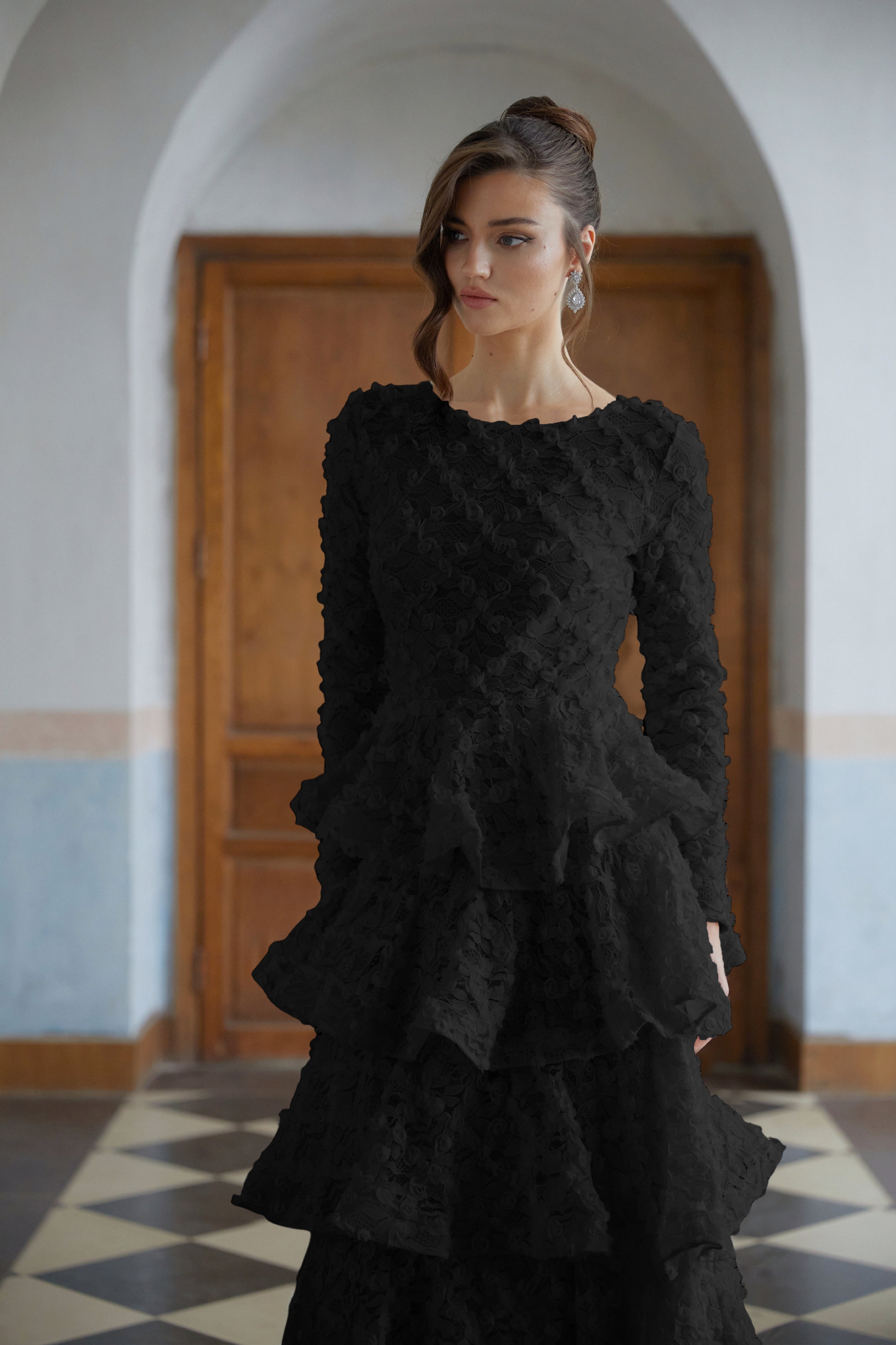 Halla Black Tiered Floral Lace Maxi Dress (Final Sale-US Only)