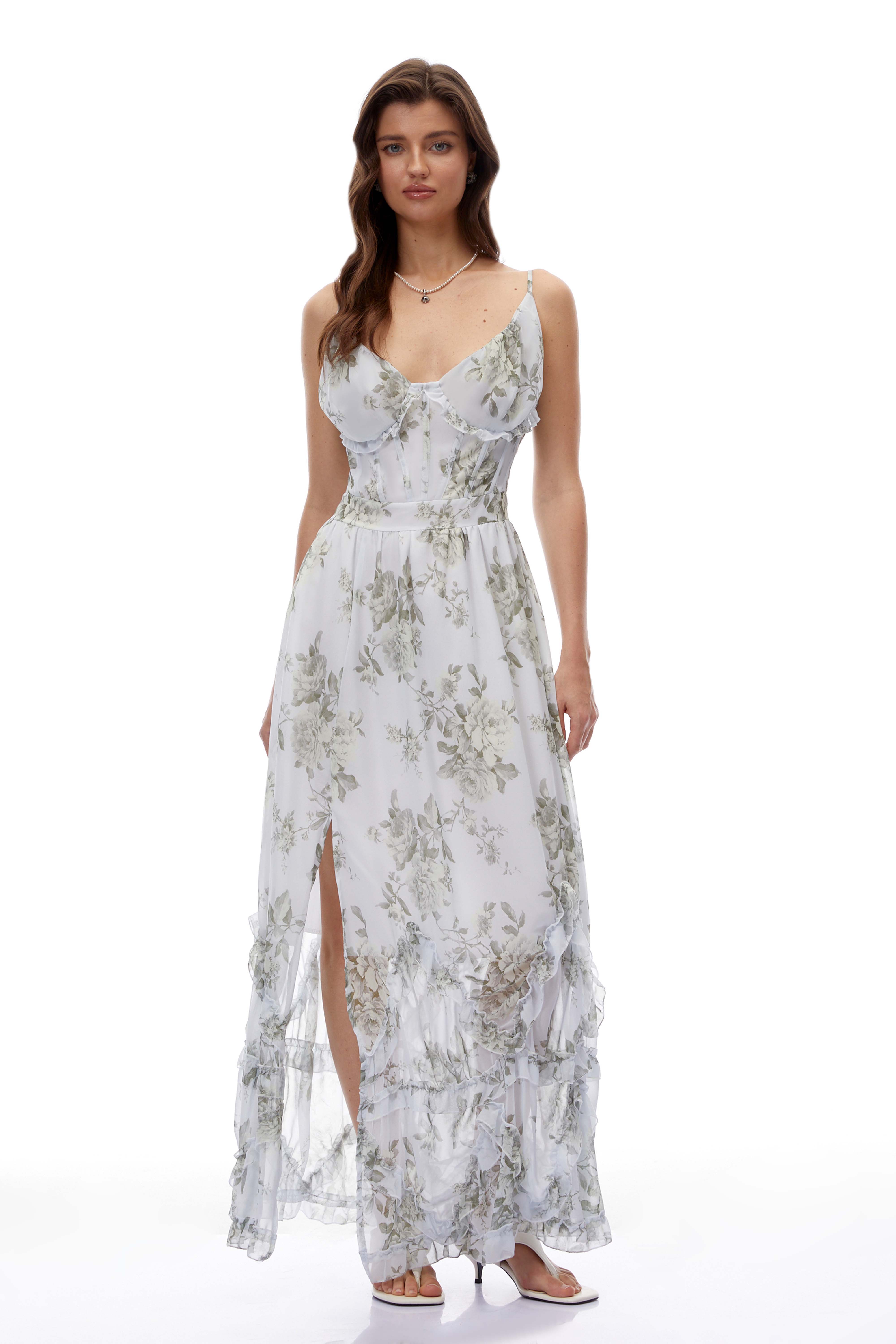 Hanne Green Floral V-Neck Sleeveless Maxi Dress