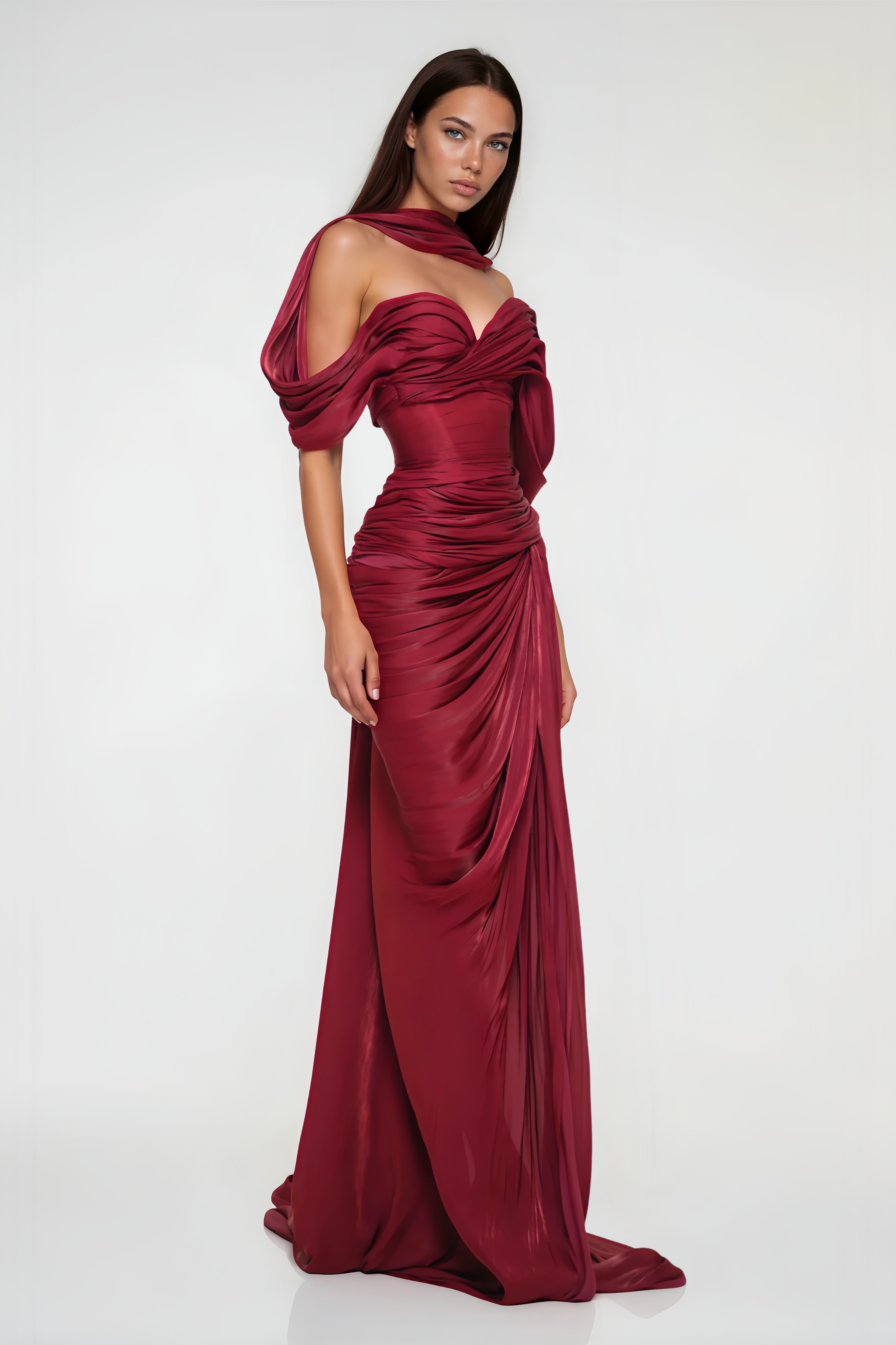 Burgundy off-the-shoulder maxi dress with a gathered bodice, draped sleeves, and matching neck scarf