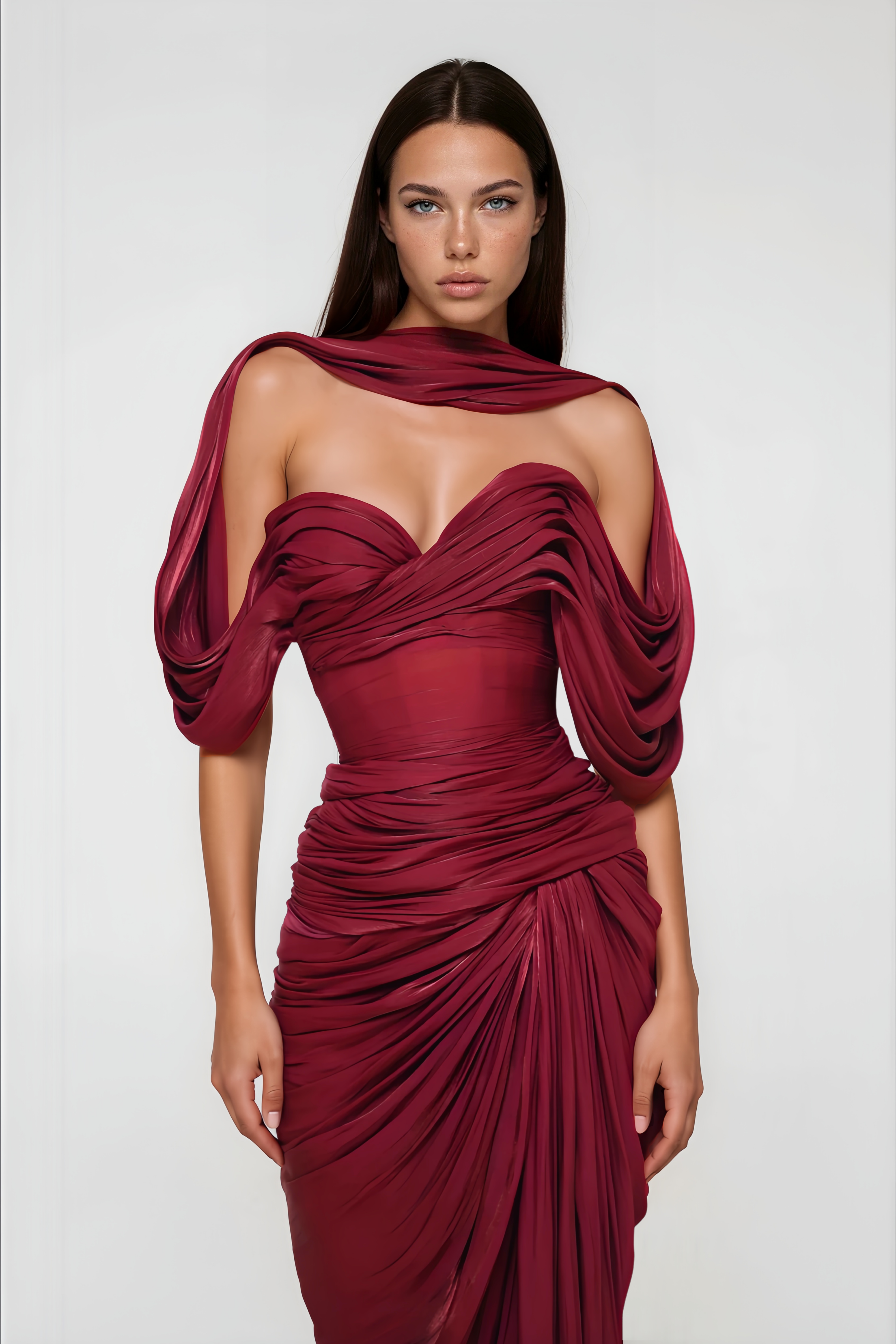 Burgundy off-the-shoulder maxi dress with a gathered bodice, draped sleeves, and matching neck scarf
