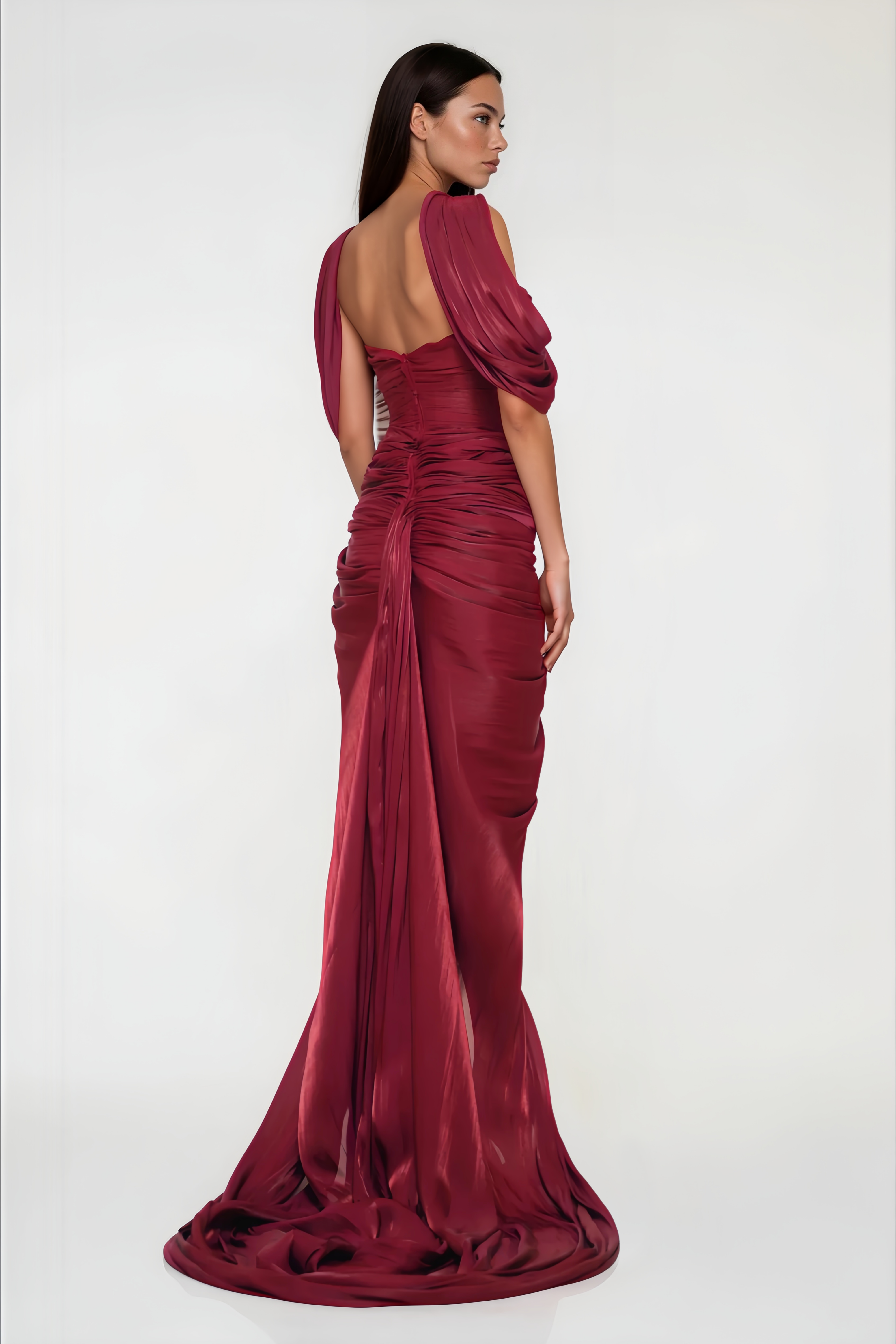 Burgundy off-the-shoulder maxi dress with a gathered bodice, draped sleeves, and matching neck scarf
