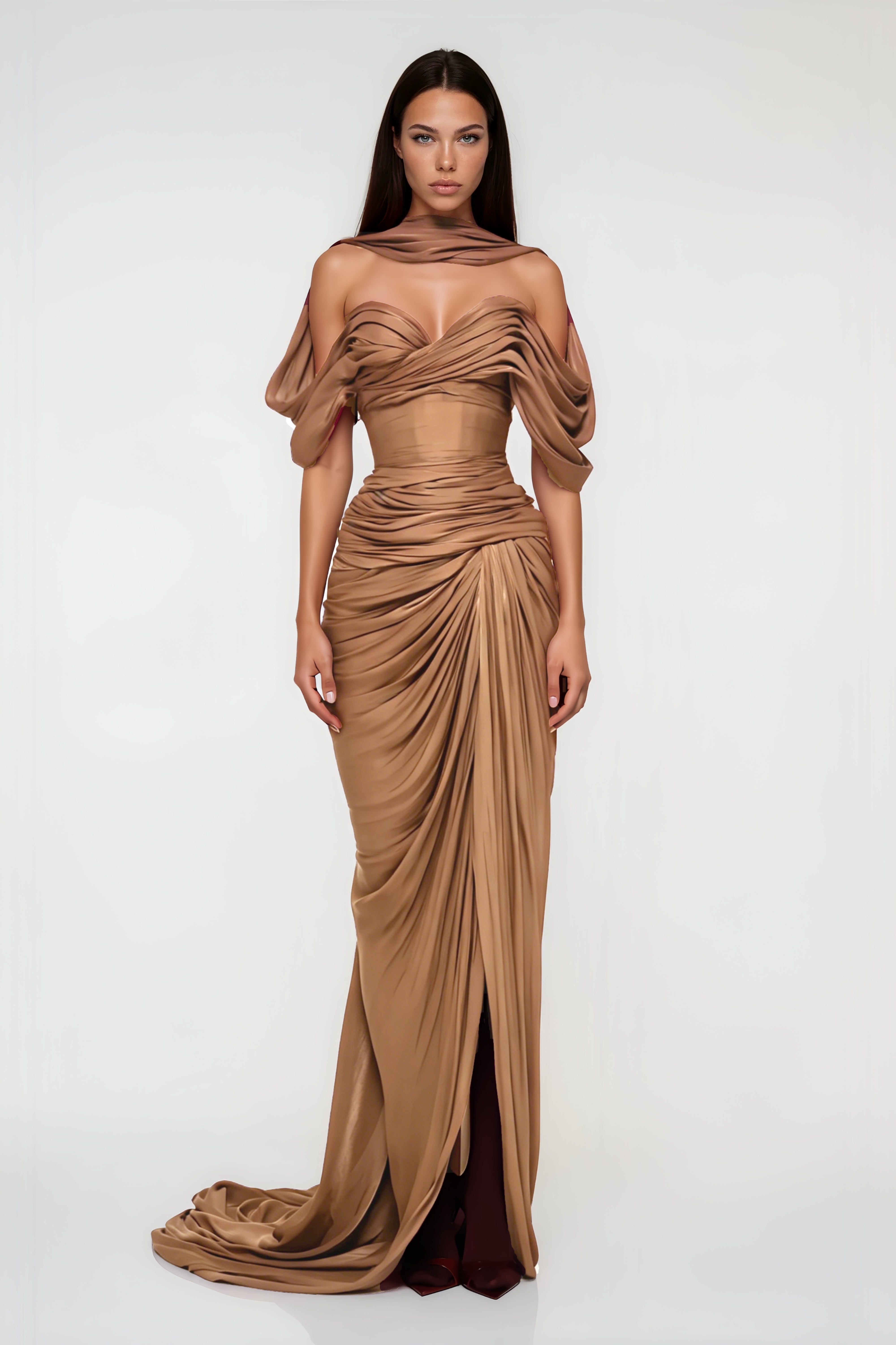 Bronze off-the-shoulder draped maxi dress with a matching neck scarf and thigh-high slit