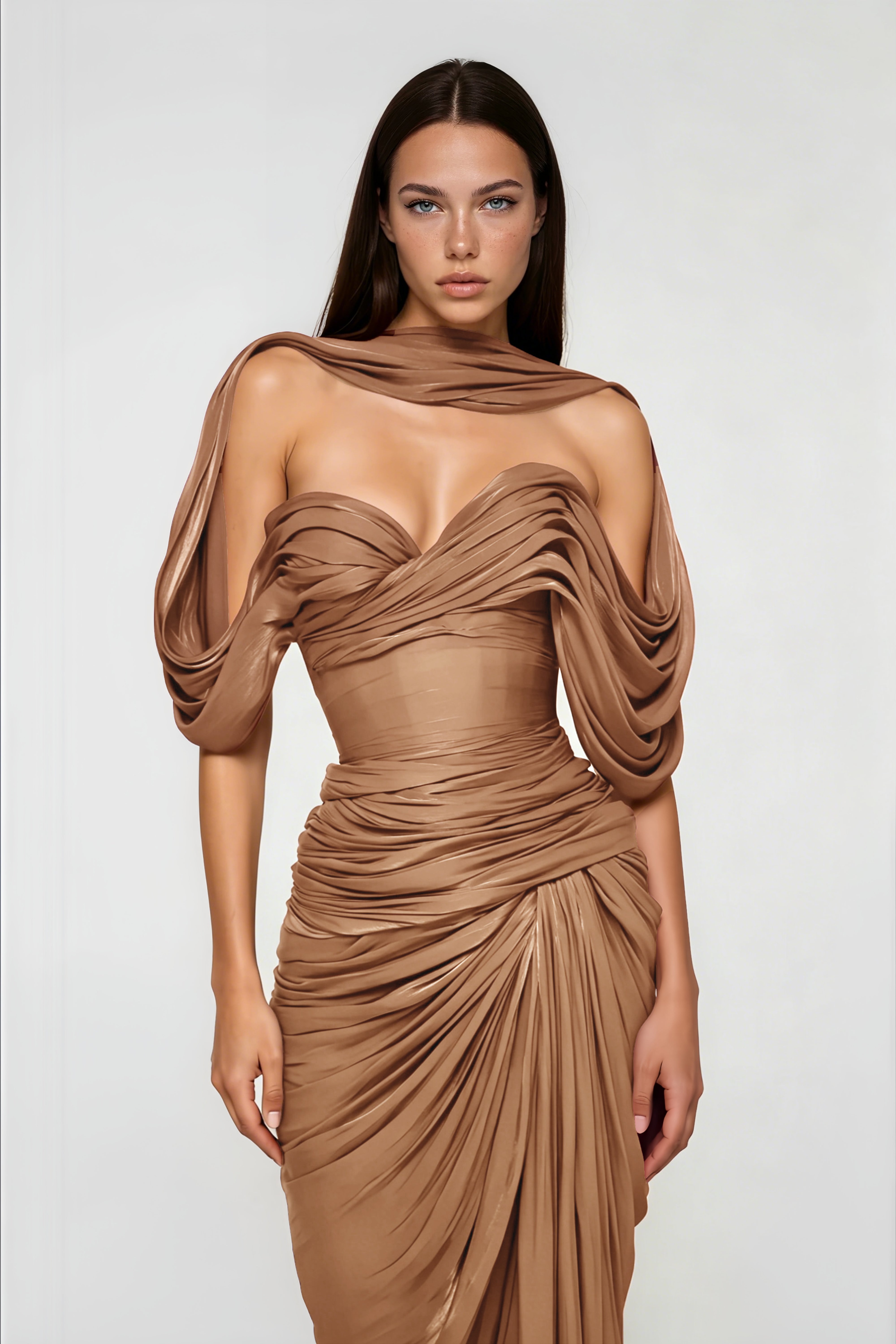 Bronze off-the-shoulder draped maxi dress with a matching neck scarf and thigh-high slit