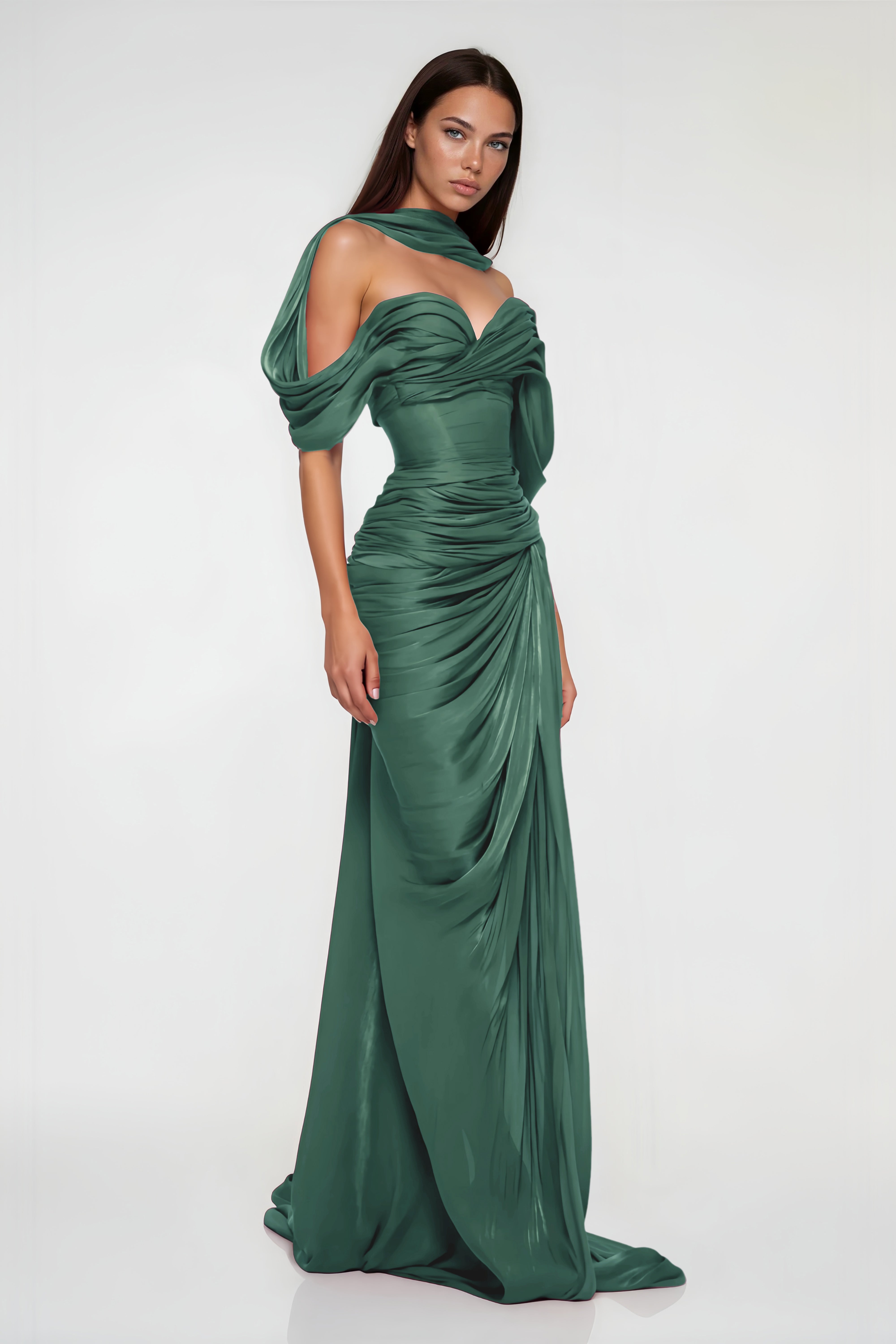 Emerald green maxi dress with an off-the-shoulder draped neckline, a matching neck scarf, and a ruched wrap skirt