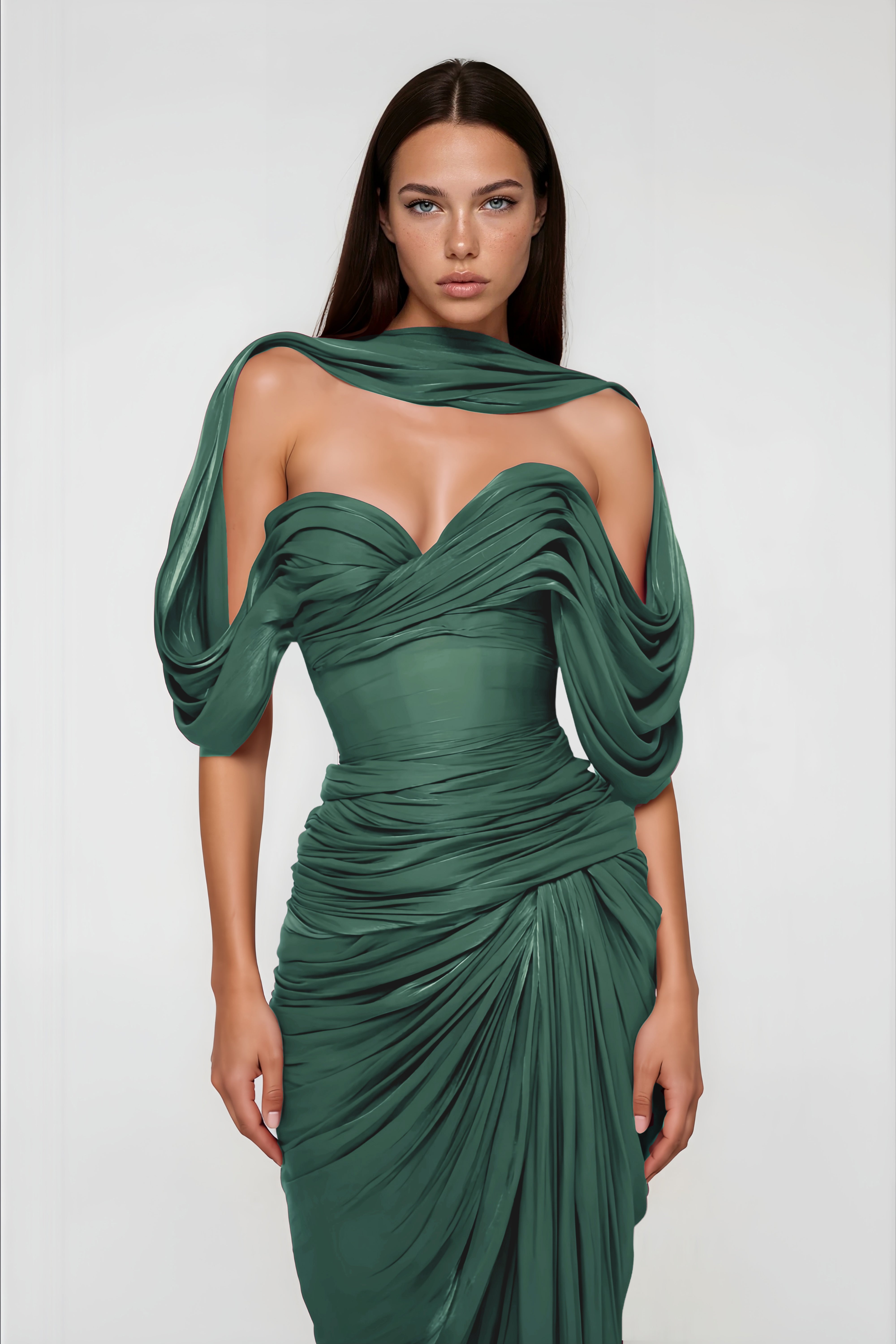Emerald green maxi dress with an off-the-shoulder draped neckline, a matching neck scarf, and a ruched wrap skirt