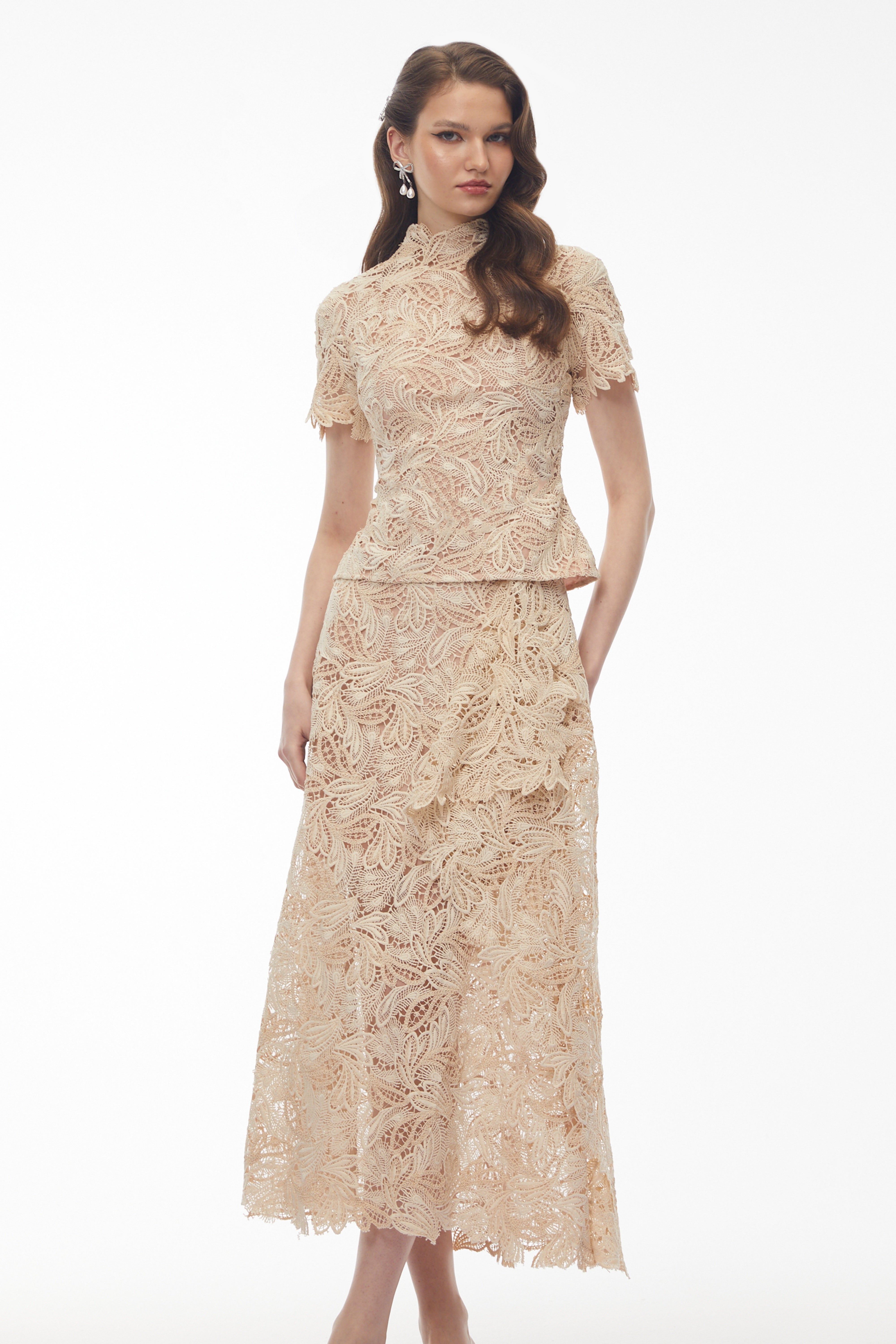 Helena Champagne Floral Lace Blouse & Skirt Set (Final Sale)