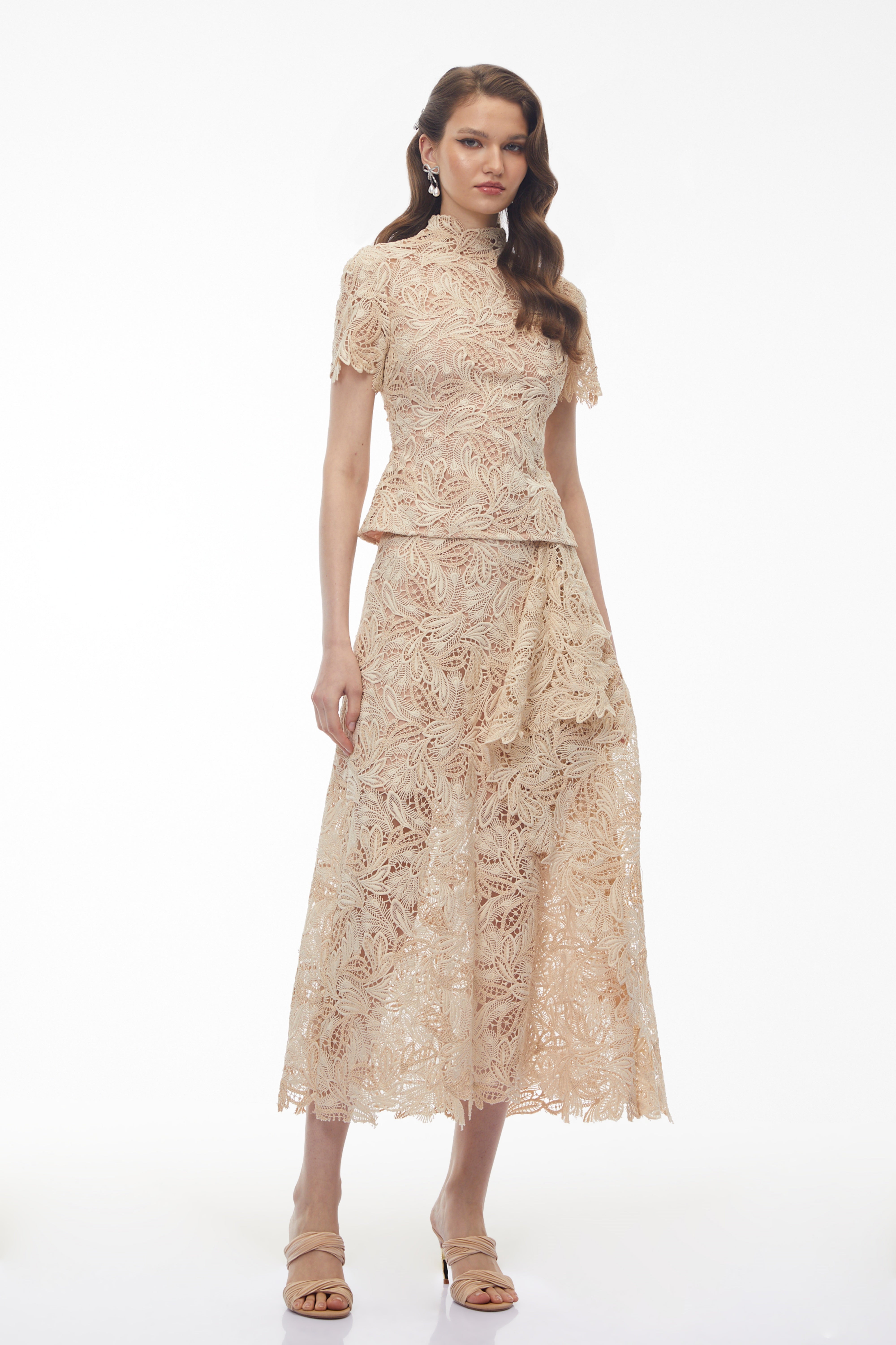 Helena Champagne Floral Lace Blouse & Skirt Set (Final Sale)