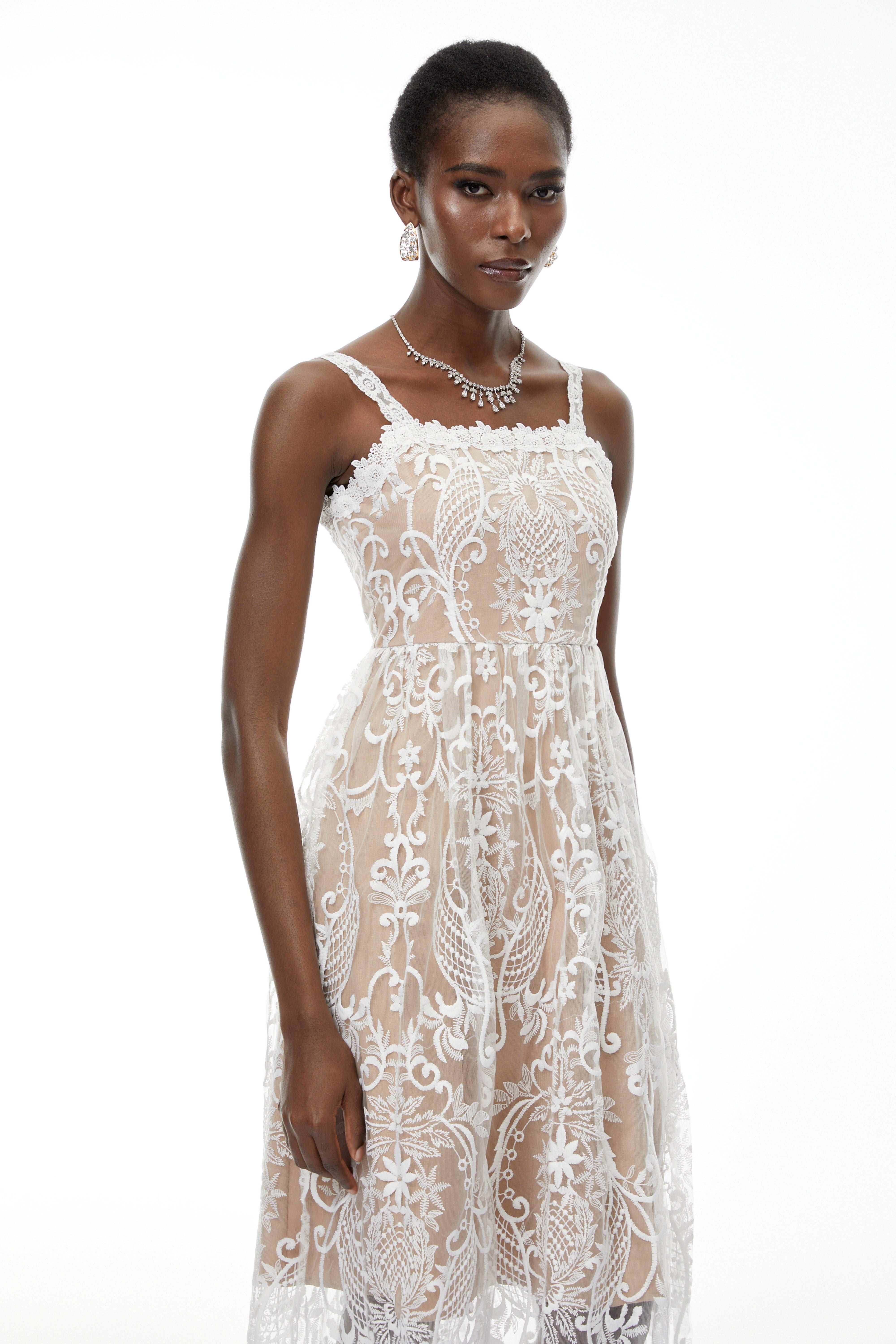 Hermione White Floral Embroidered Lace Midi Dress (Final Sale)