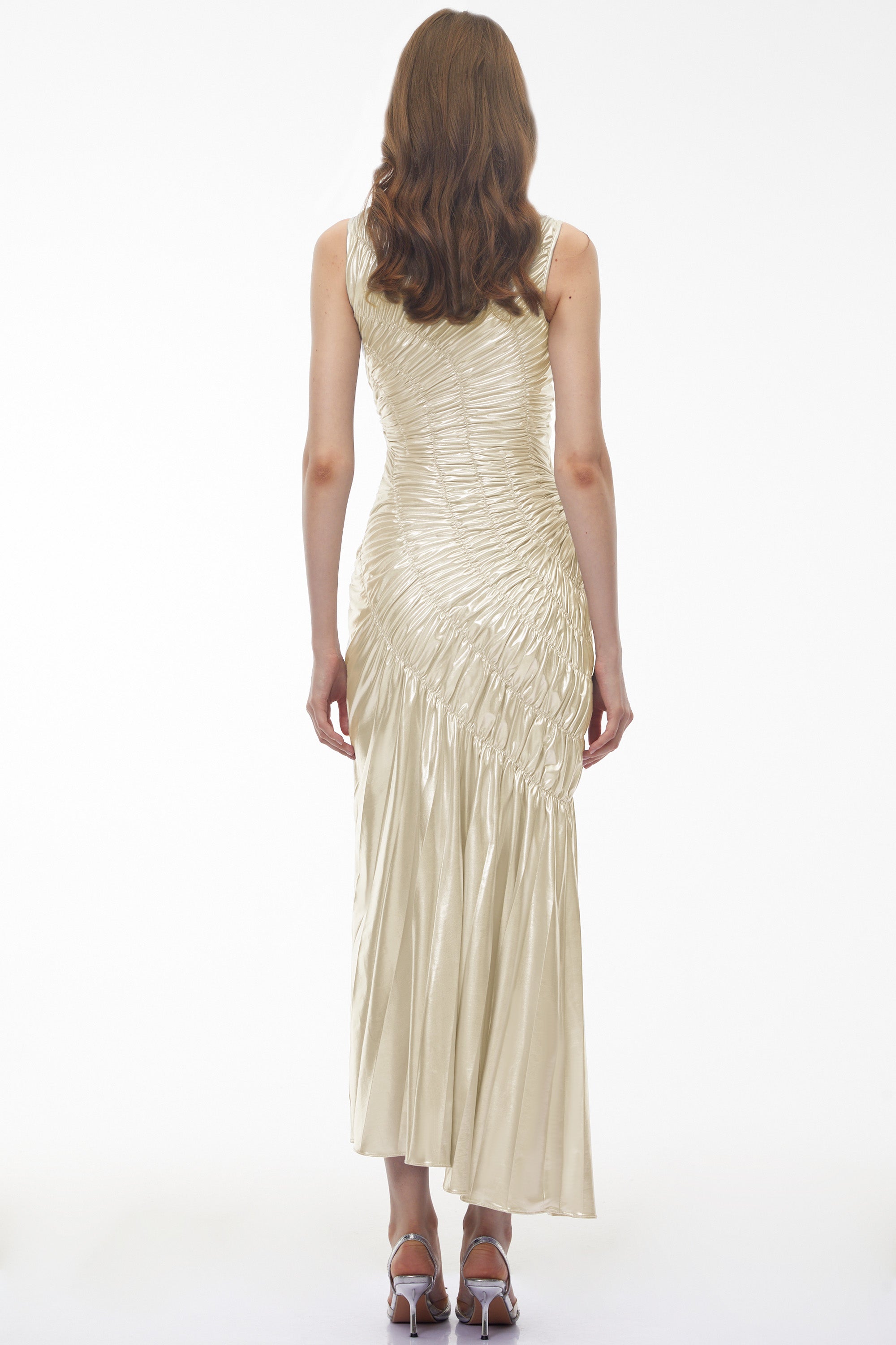 Hestia Champagne Ruched Asymmetrical Maxi Dress
