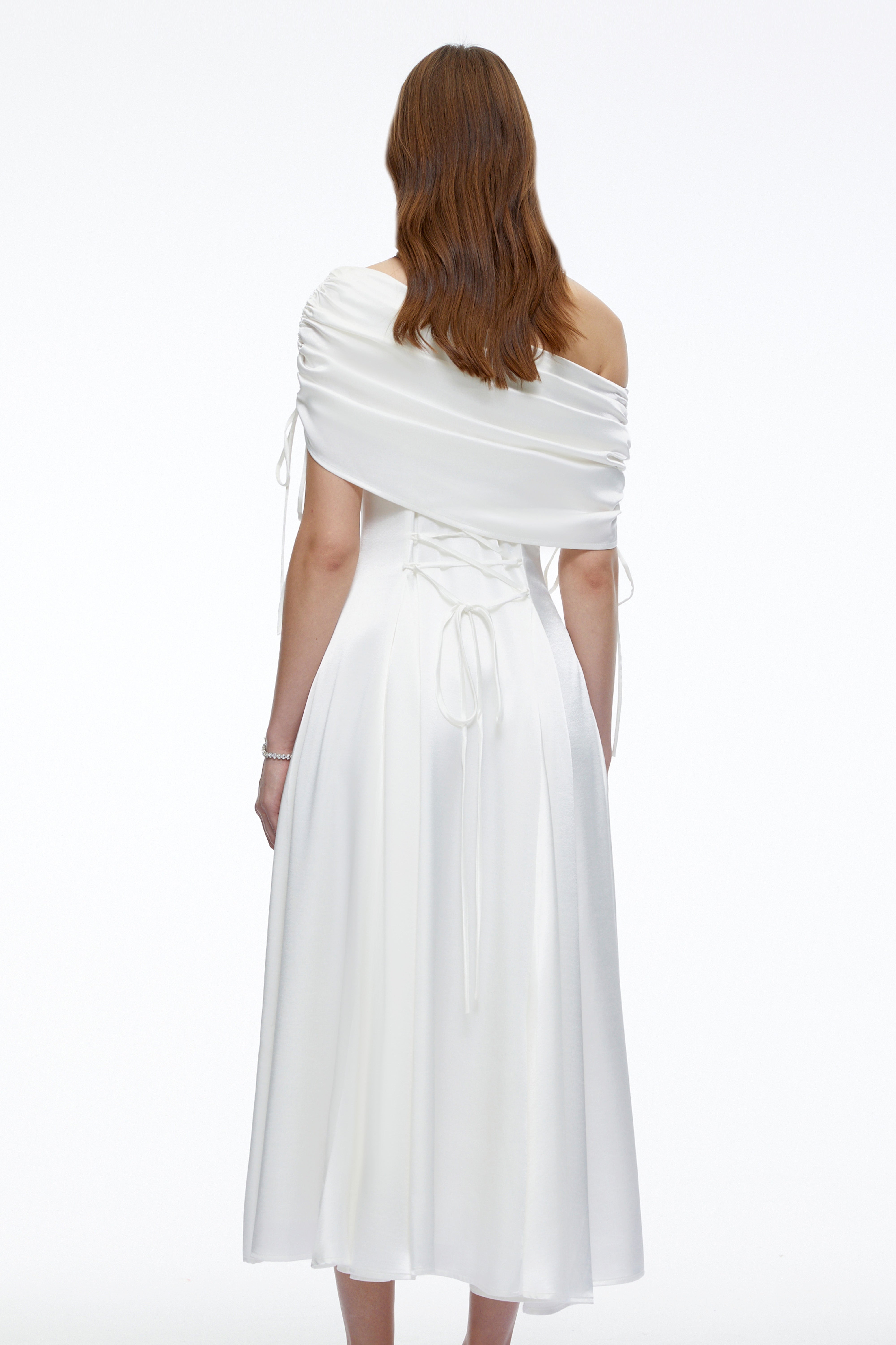 Hinerau White One Shoulder Ruched Satin Midi Dress
