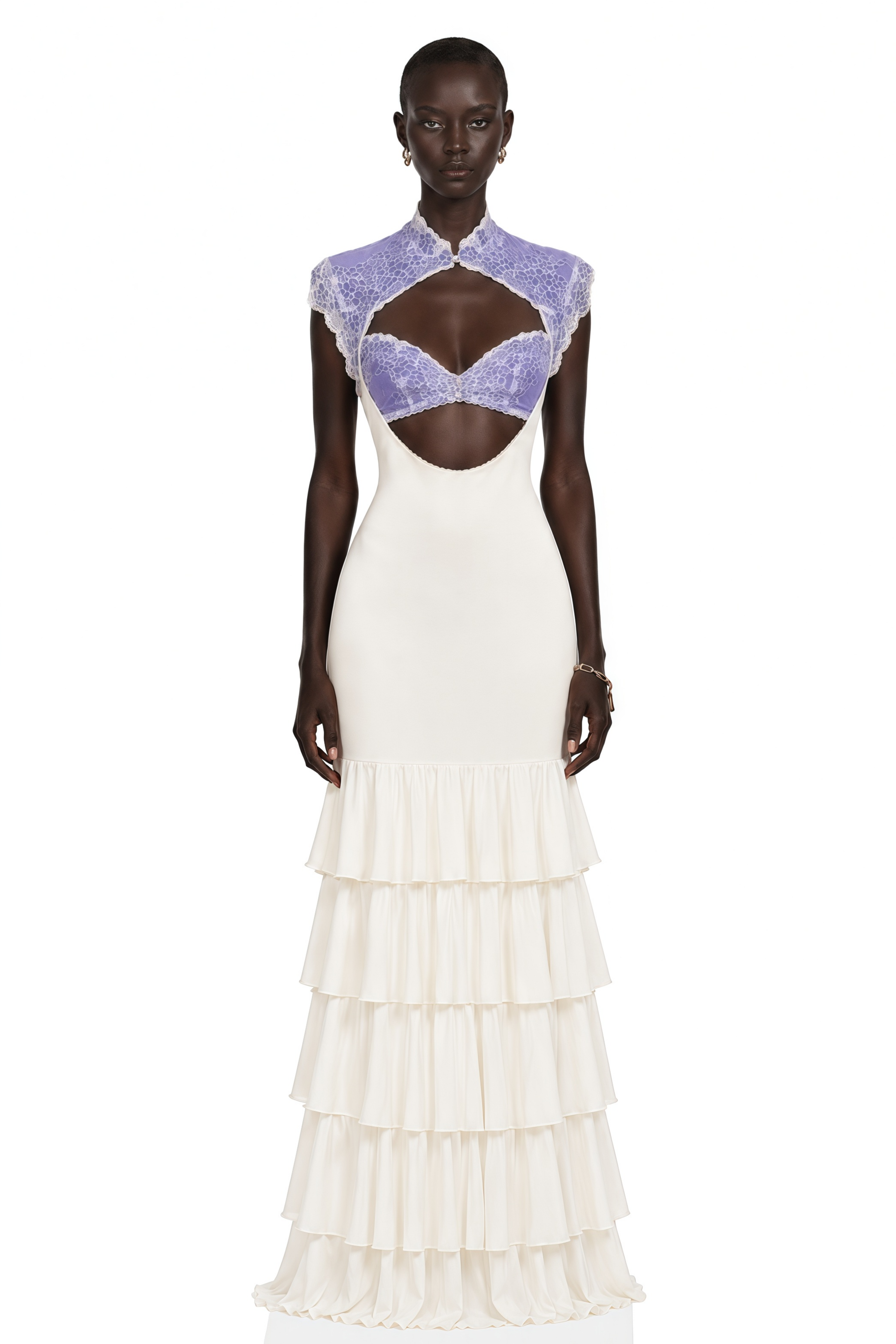 Holly Ivory Floral Lace Ruffled Maxi Dress with Cut-Outs