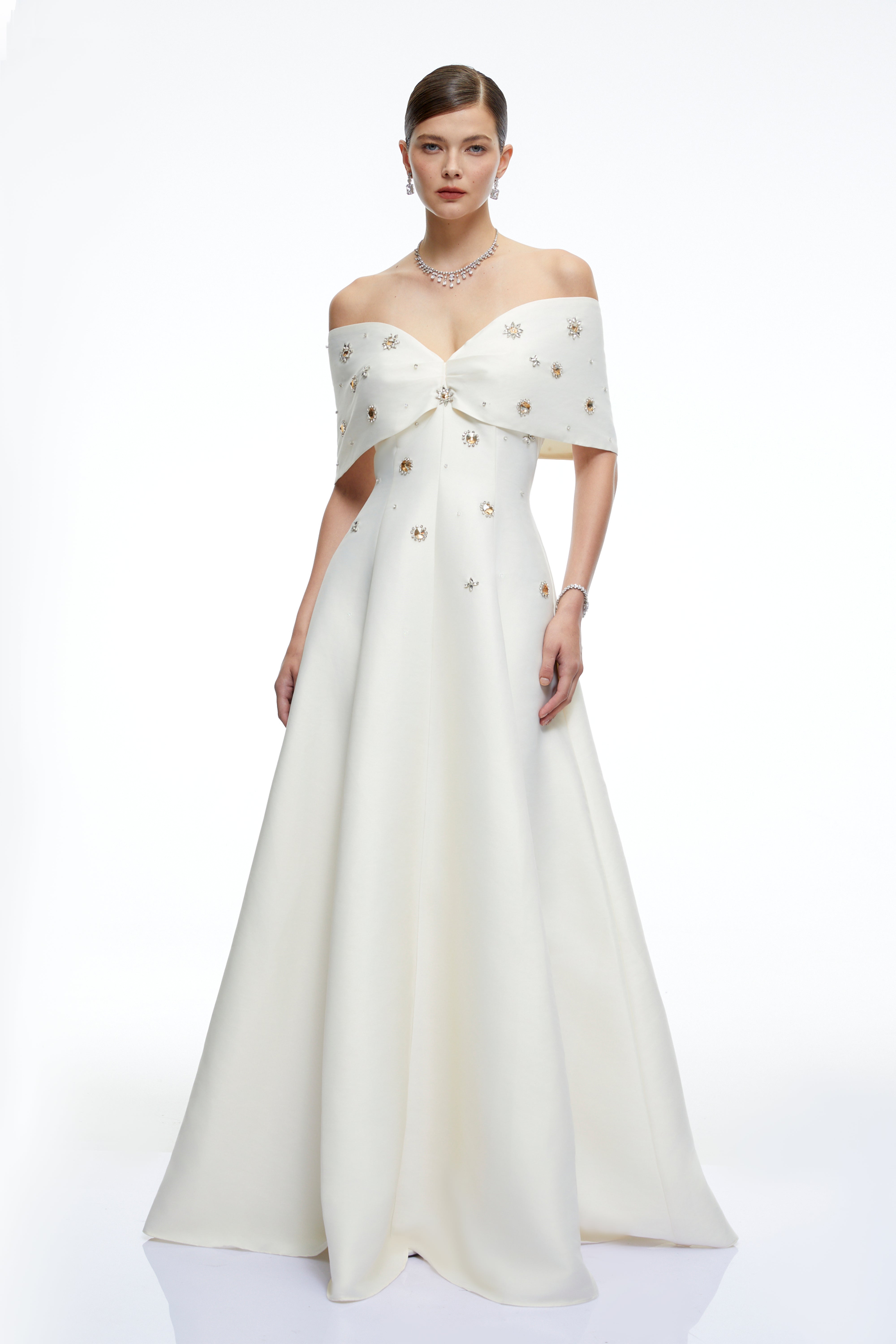 Honora Cream Beaded Off Shoulder Maxi Dress